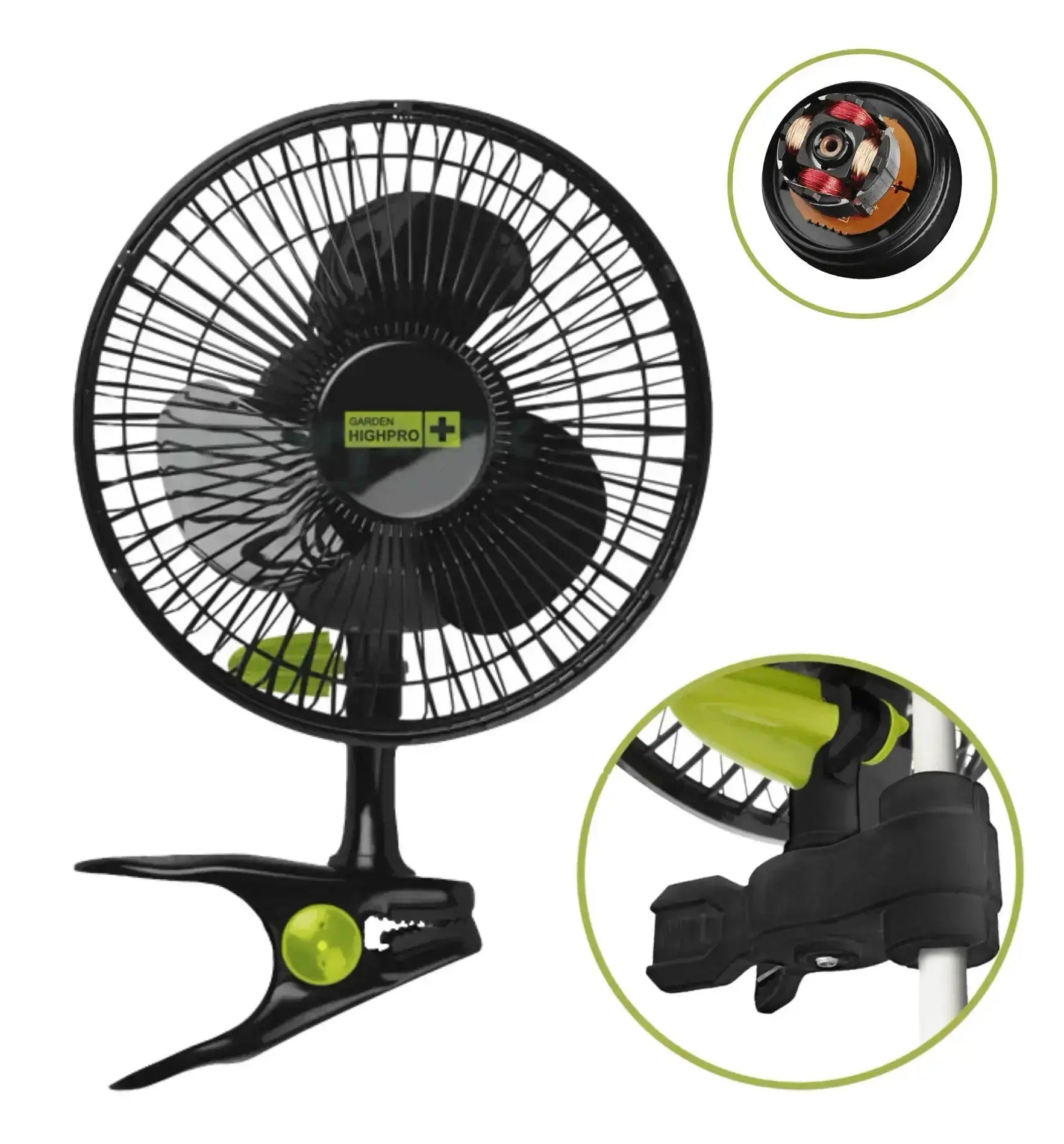 Garden Highpro GHP Profan professioneller Clip-Ventilator, 12W, zeigt den schwarzen Ventilator mit Cliphalterung.