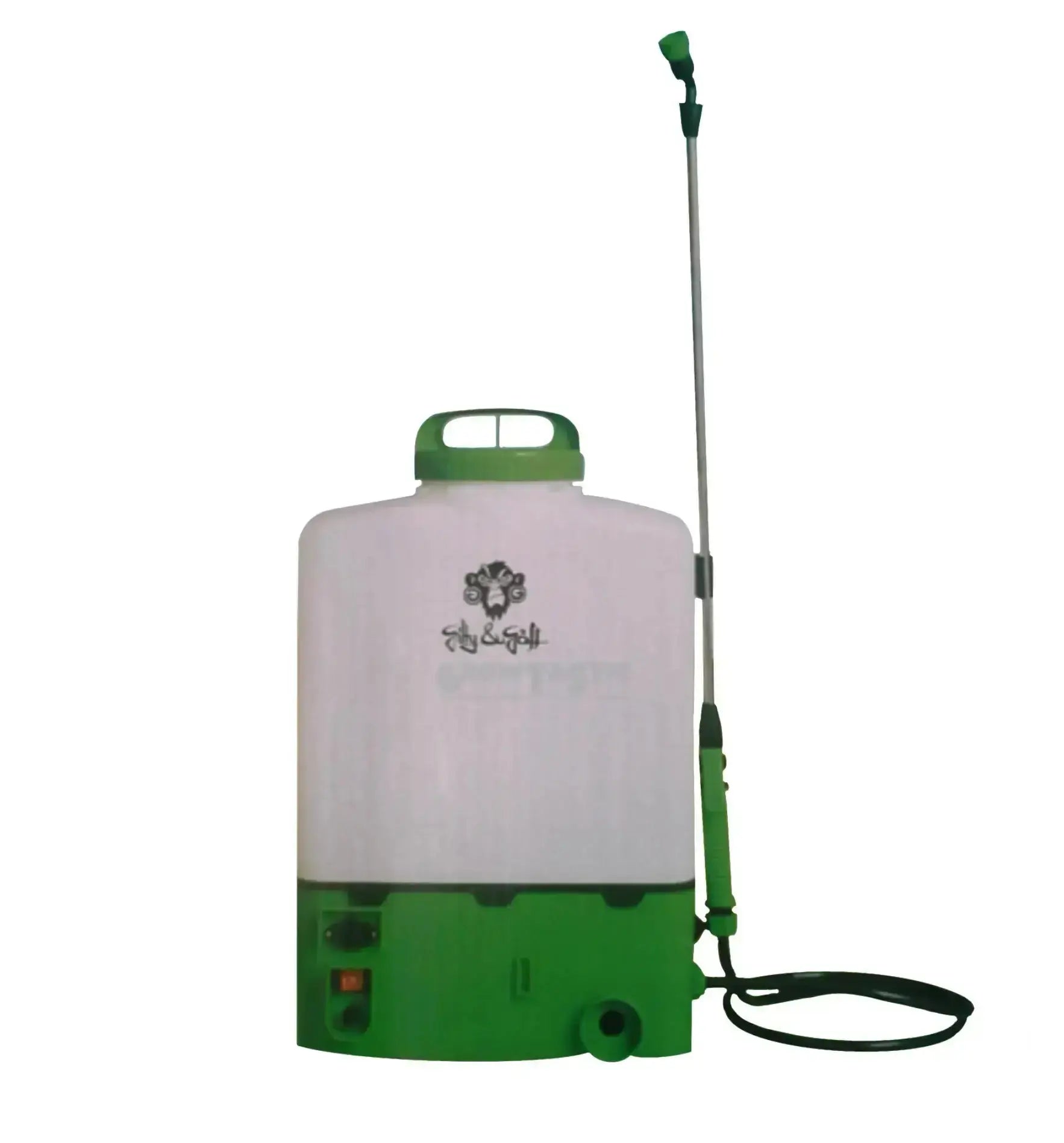 Gitty & Göff Akku Rückenspritze, modernes Spritzgerät mit Akku, ideal für Gartenarbeit und Pflanzenpflege, auf weißem Hintergrund.