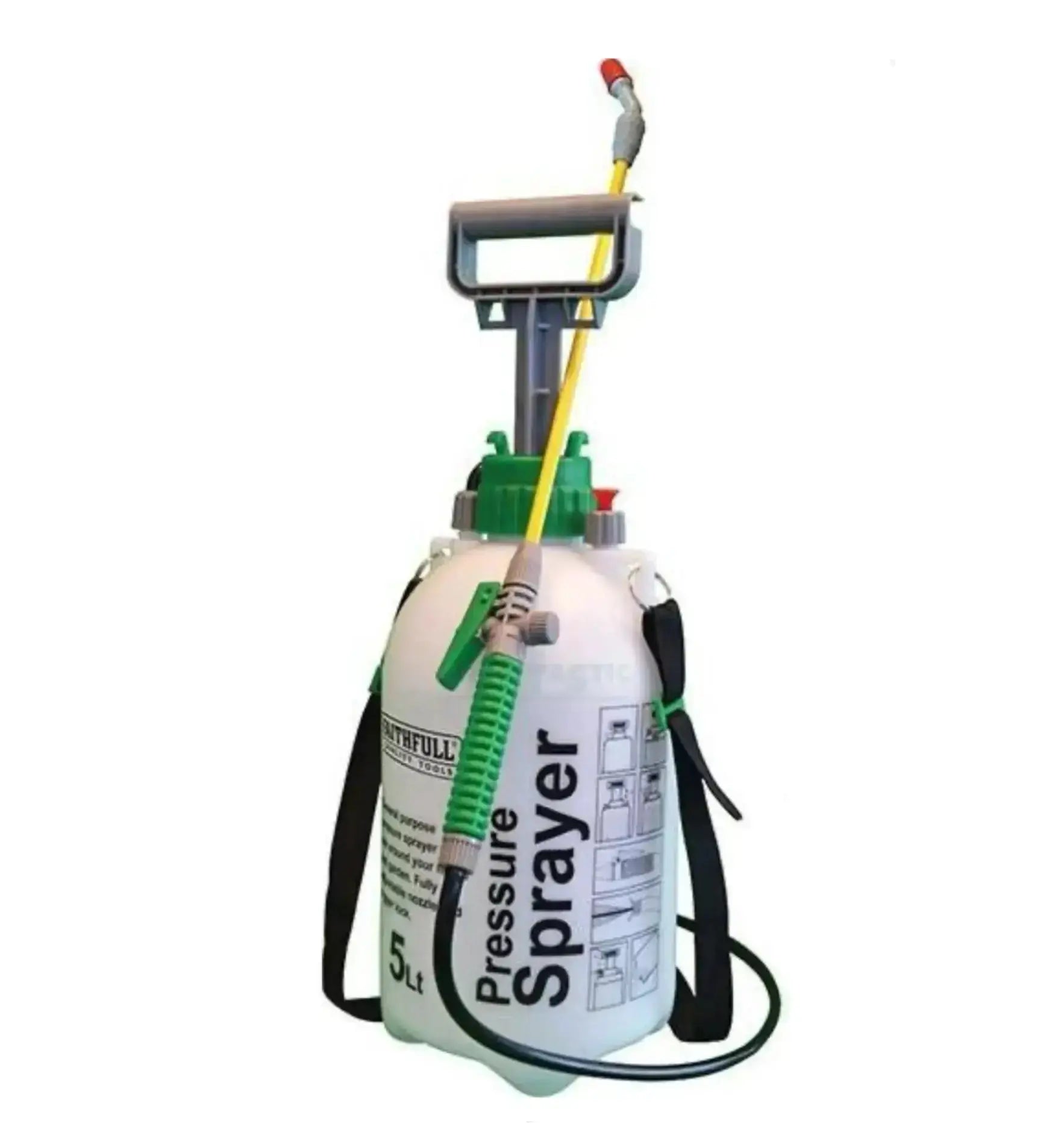 Grüner GreenTech Drucksprüher 5 Liter, handliches Spritzgerät für Gartenarbeit und Pflanzenpflege, mit robustem Griff.