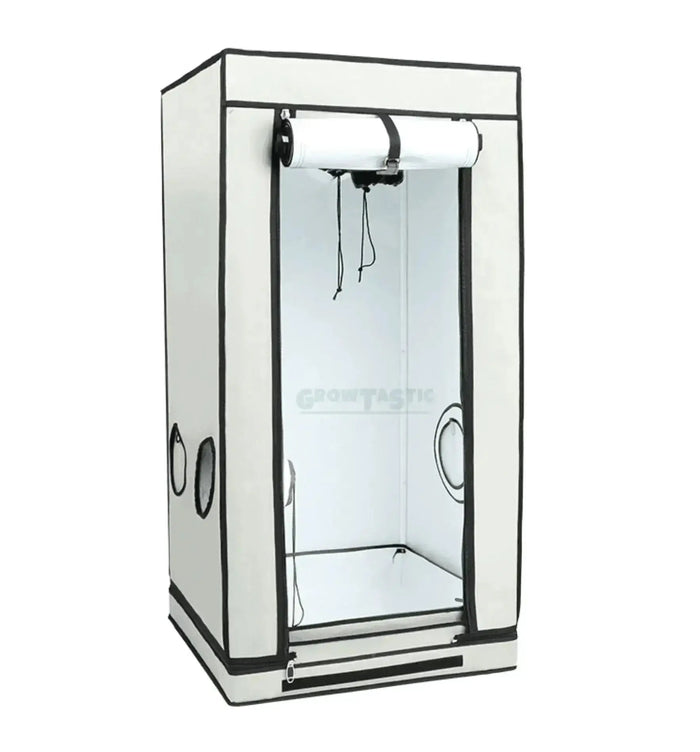 Growbox HOMEbox® Q Quadartisch Standard mit weißem Rahmen und Lüftungsöffnung, ideal für Indoor-Gartenanbau.