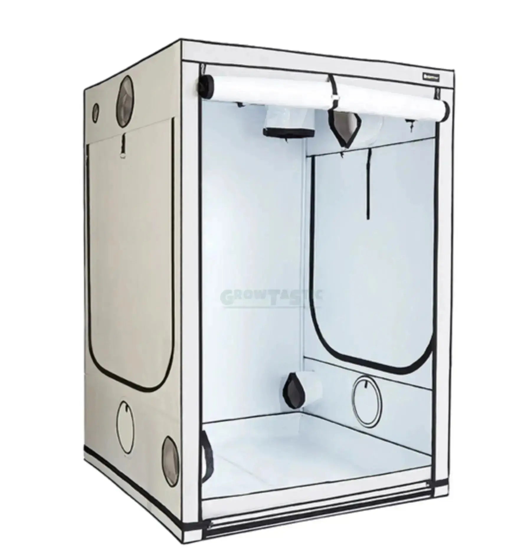 Homebox® Q+ Growbox, quadratisch mit extra Höhe, stabile Konstruktion und gut belüftet für Pflanzenzucht, sichtbar in der Abbildung.
