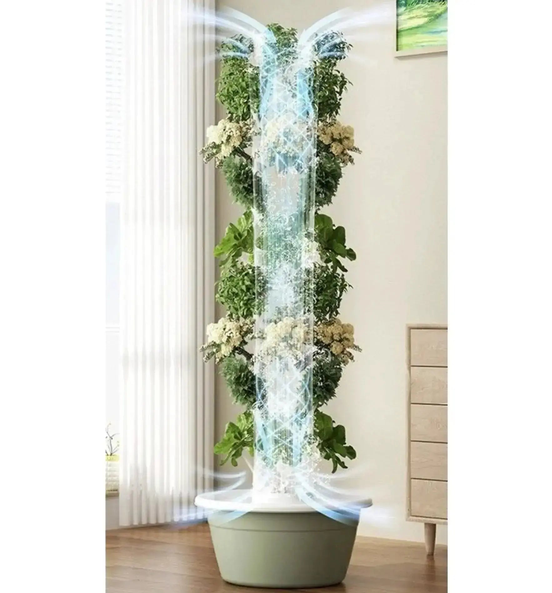 Hydroponisches System Sky Tower PRO von HTP mit vertikaler Anbaumöglichkeit für frische Kräuter und Gemüse.