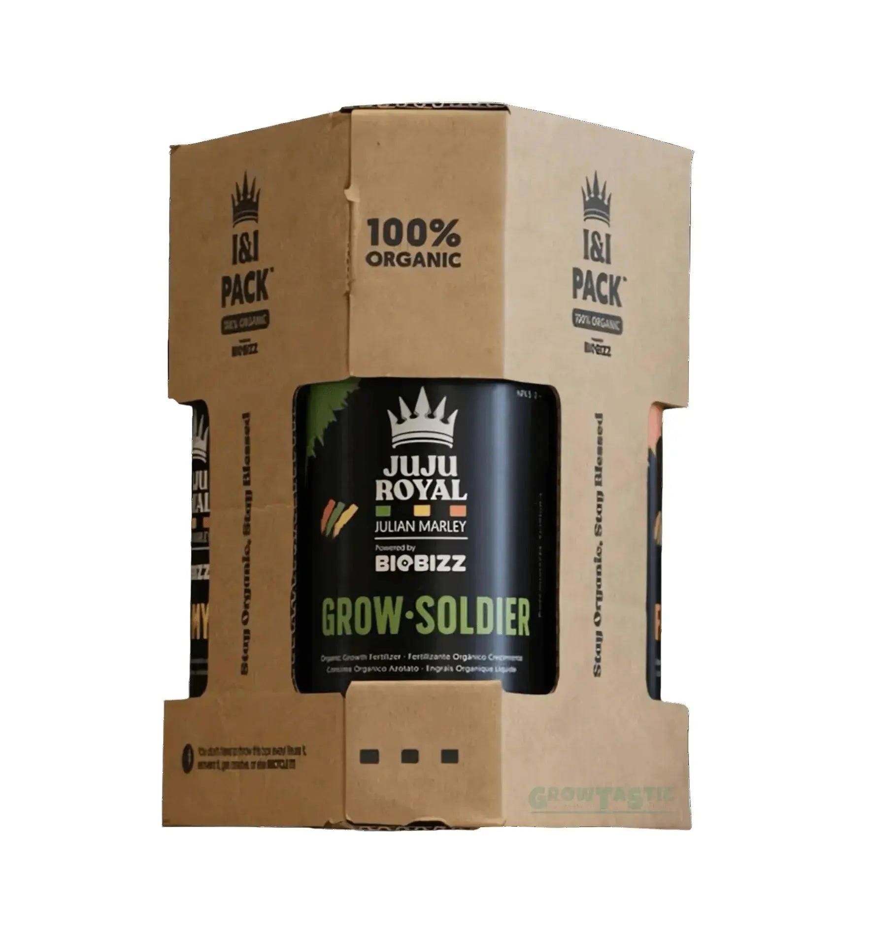 Organische Grow-Soldier-Pflanzennahrung von Juju Royal, ideal für meinen Growshop mit Logo.