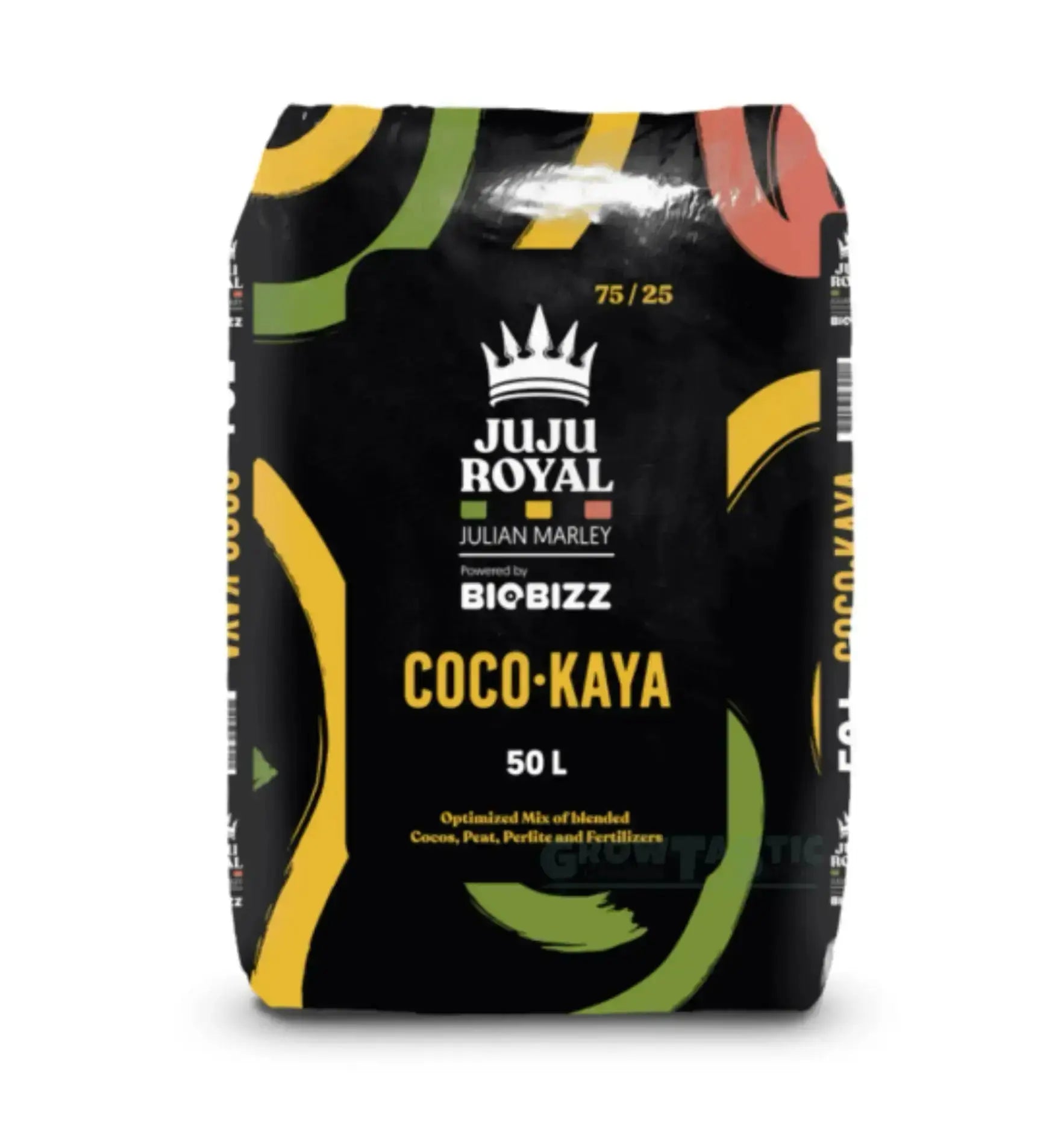 Verpackung von JUJU ROYAL COCO-KAYA, 50L, optimierte Mischung aus Kokos und anderen Substanzen für Growshops.
