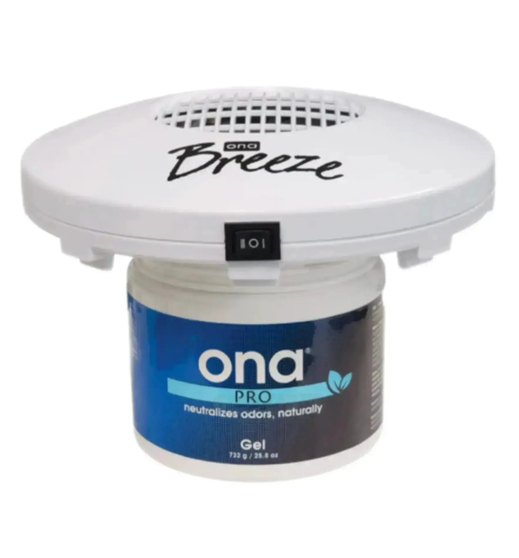 Ona Gel Breeze Fan zur Geruchsneutralisation, zeigt den neutralisierenden Gel-Fan in Gebrauch.