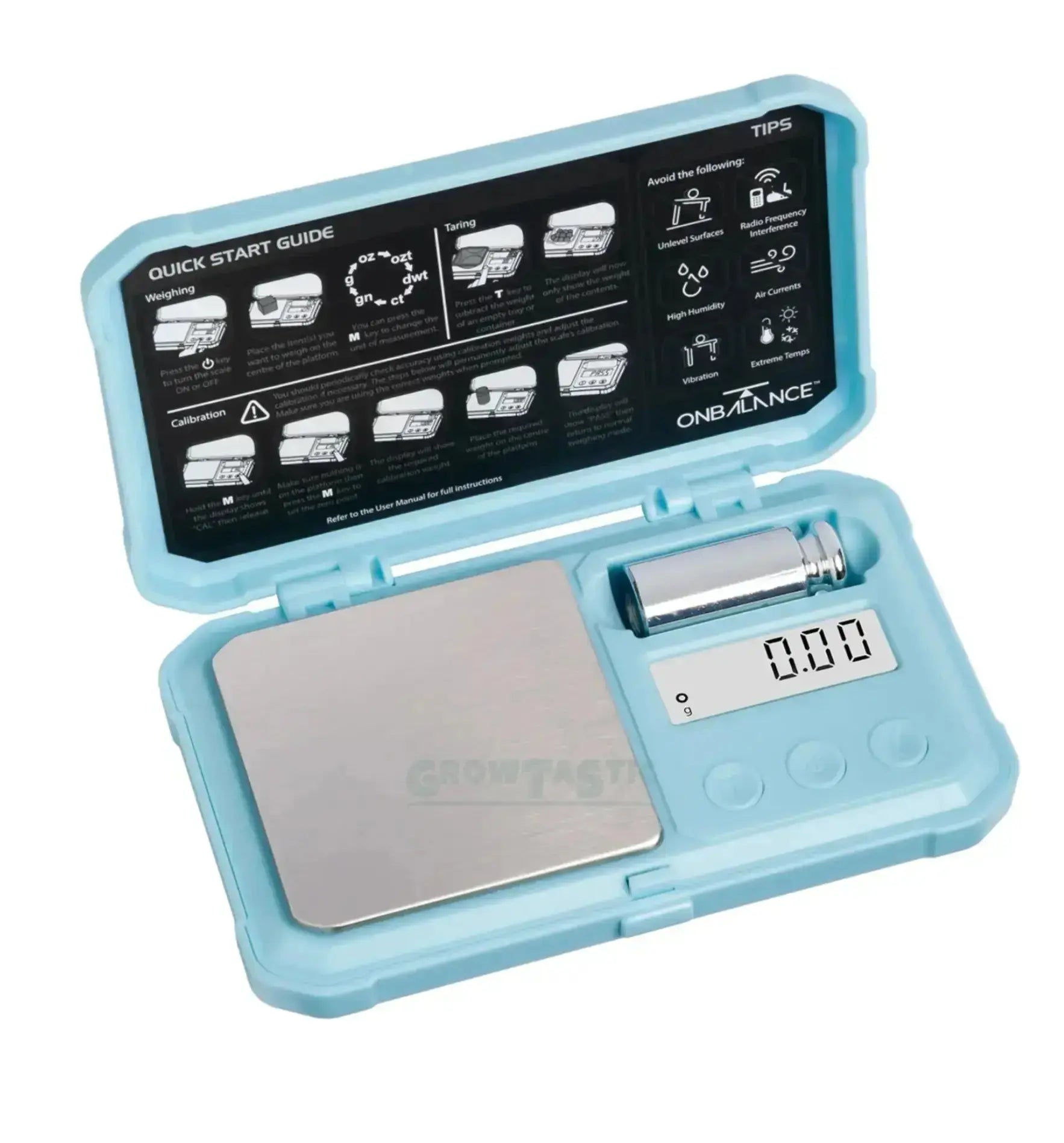 OnBalance Predator Pocketwaage, tragbare digitale Waage mit 100 g Kapazität und 0,01 g Genauigkeit, in Blau, für präzises Wiegen.