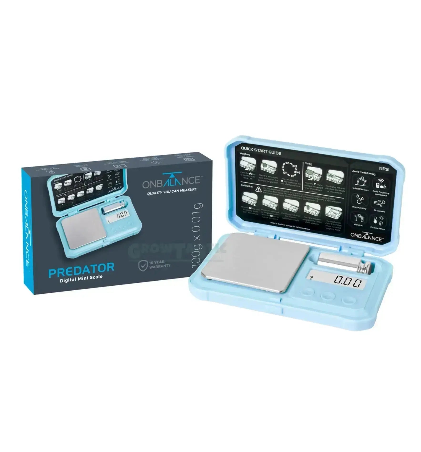 Blaue On Balance Predator Pocketwaage mit 100g Kapazität und 0,01g Genauigkeit, kompakte digitale Waage für präzise Messungen.