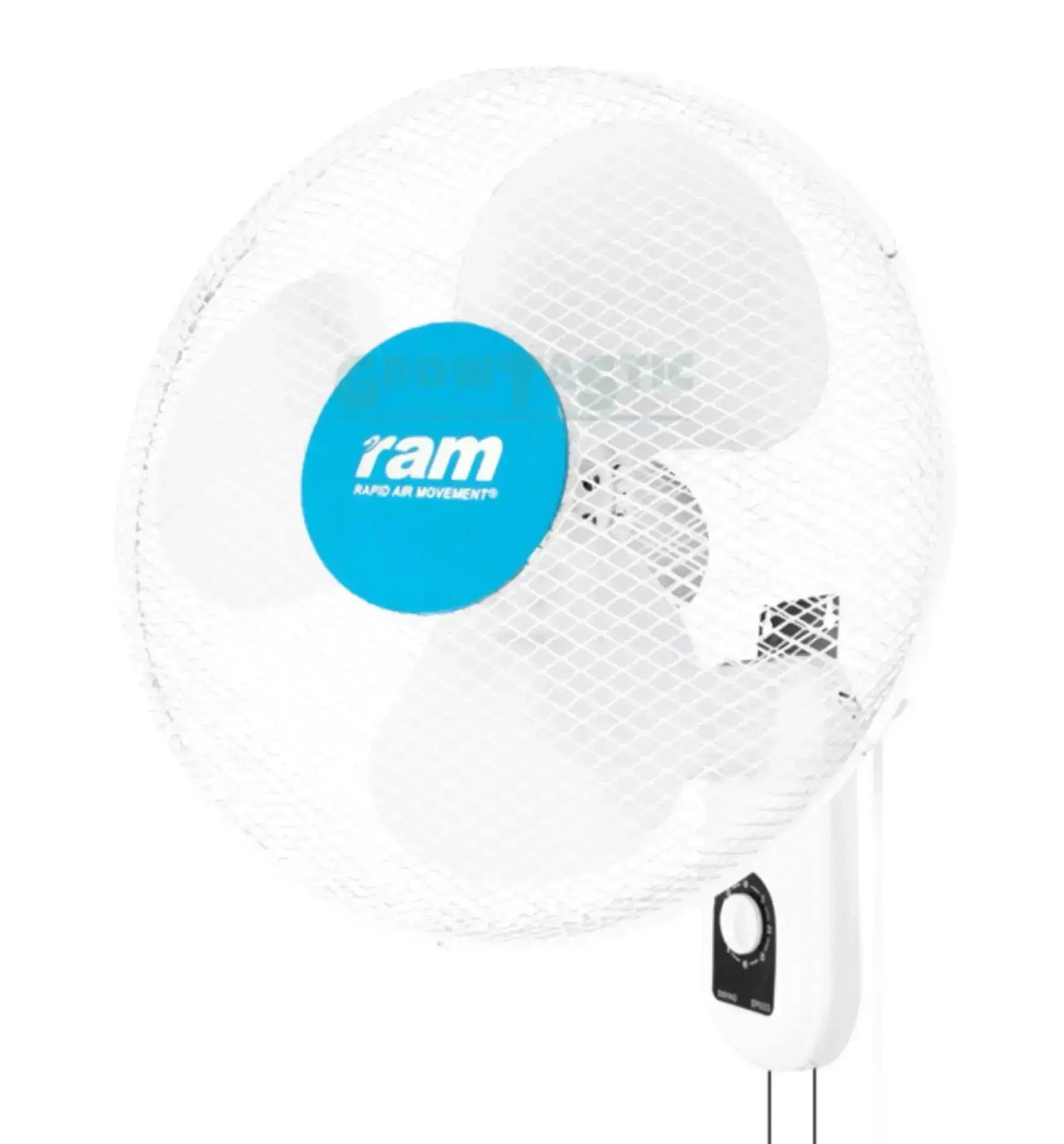 RAM Wandventilator 400mm, 40 W, Wandventilator von Rapid Air Movement mit bläulichem Gehäuse und Lüfterflügeln.
