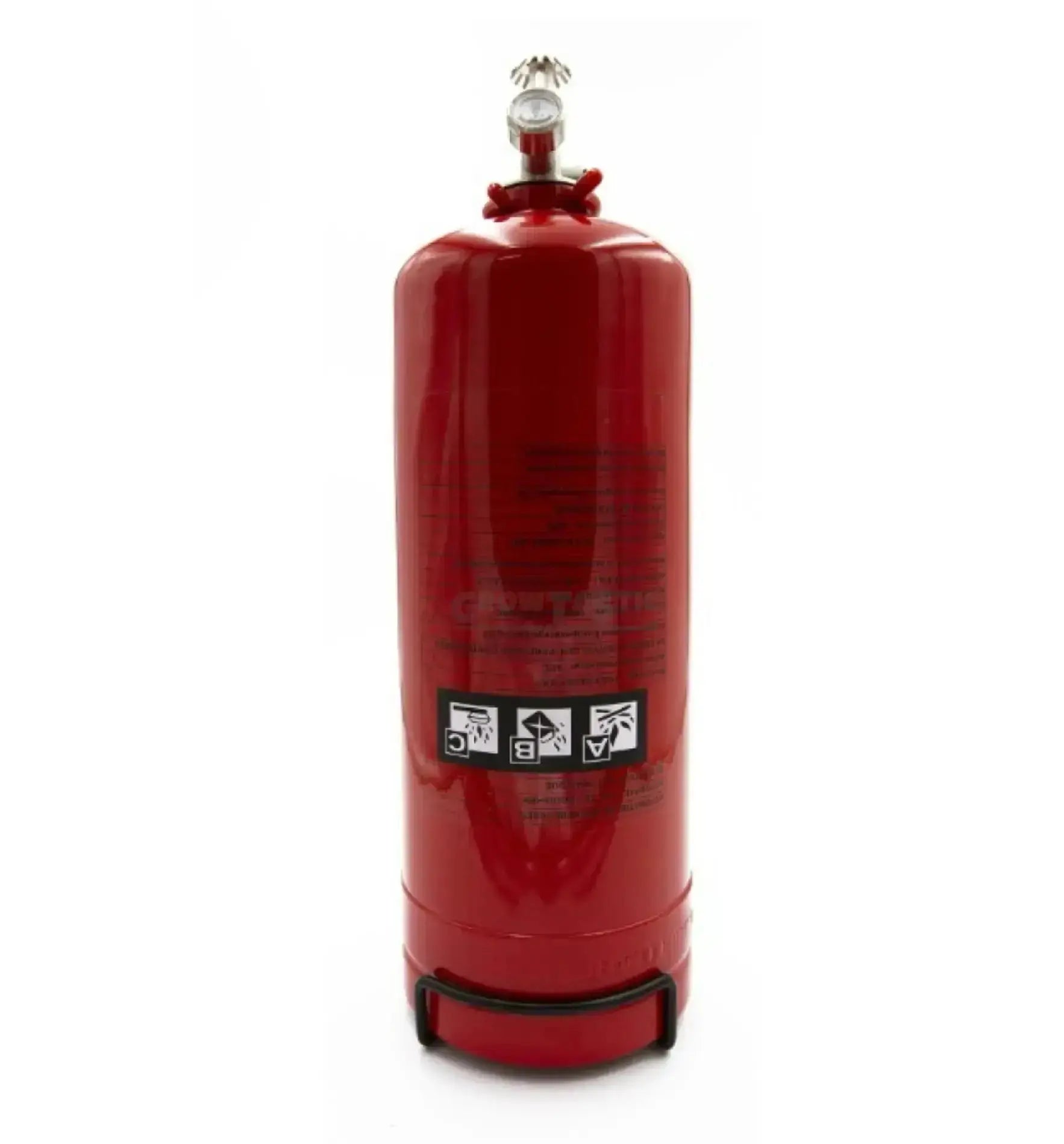 Feuerlöscher Rosco 3kg, kompakter Feuerlöscher in rotem Gehäuse mit Druckknopf und Manometer für Brandbekämpfung.