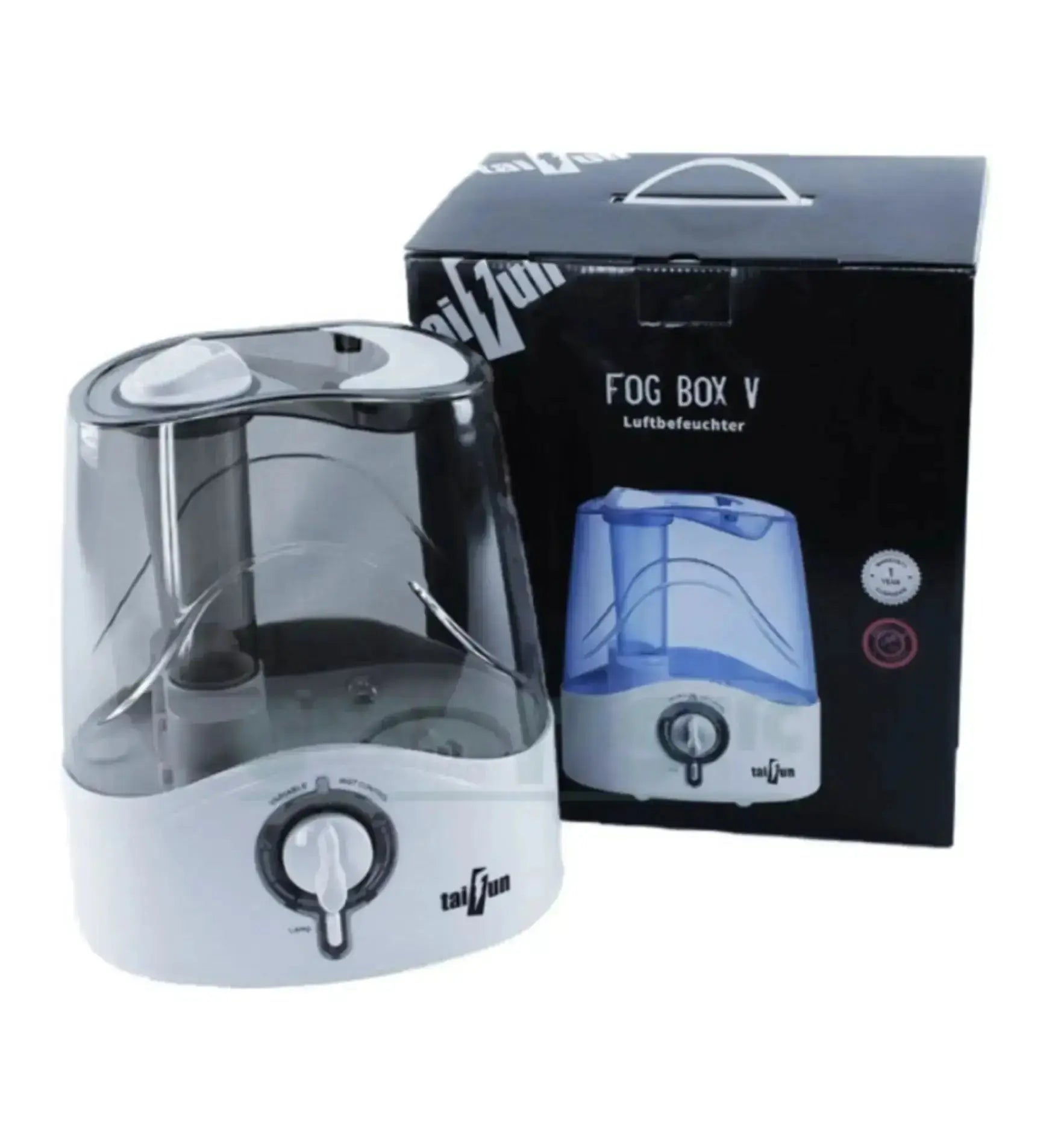 Taifun Fog Box V Luftbefeuchter mit 4,5L Wassertank, weißes Gerät für angenehmes Raumklima, Blick auf Bedienfeld und Wasserbehälter