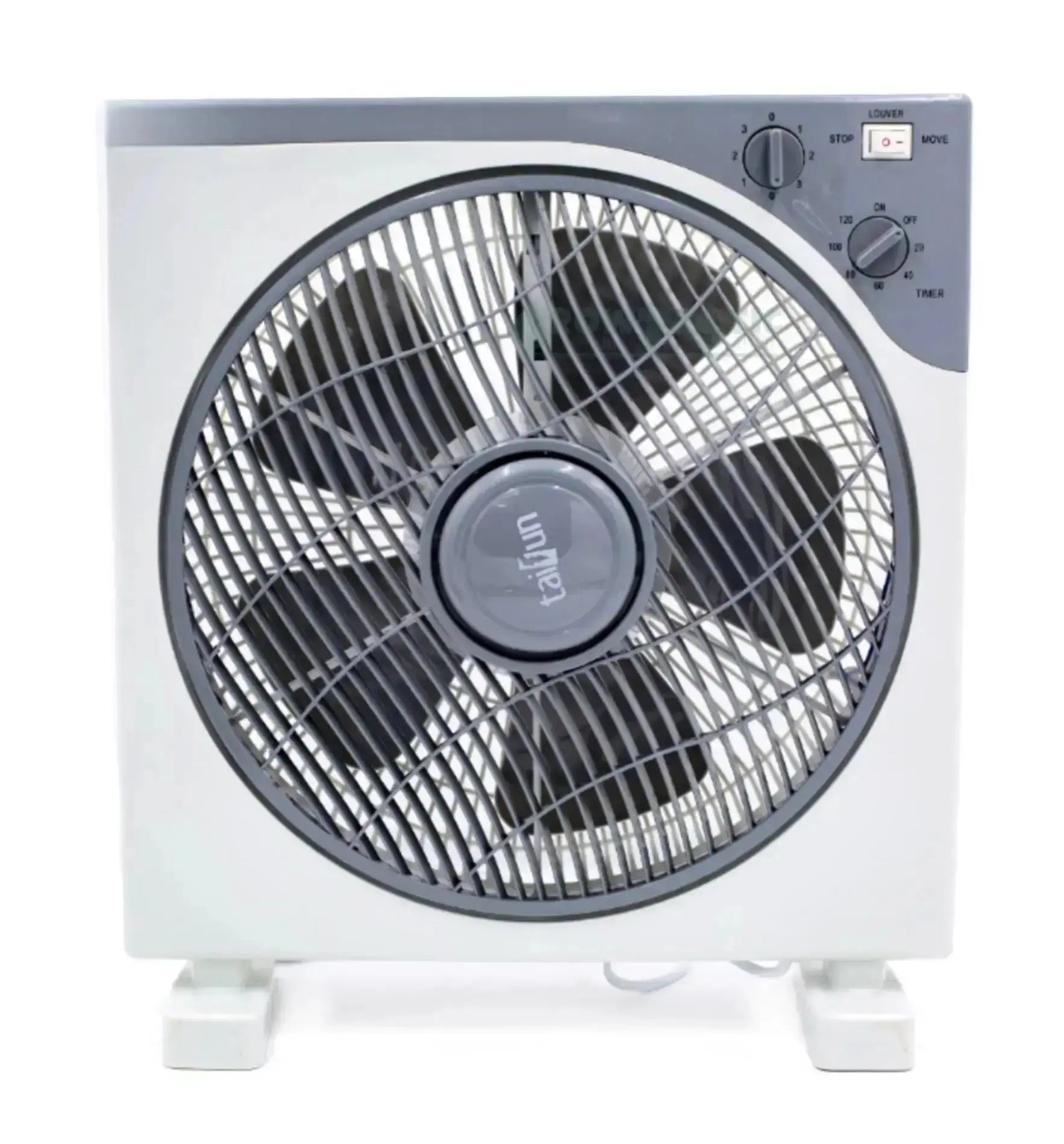 Taifun Boxfan KYT-1203 Tischventilator, kompakter Ventilator mit blauer Gehäusefarbe und runden Lüftungsschlitzen.