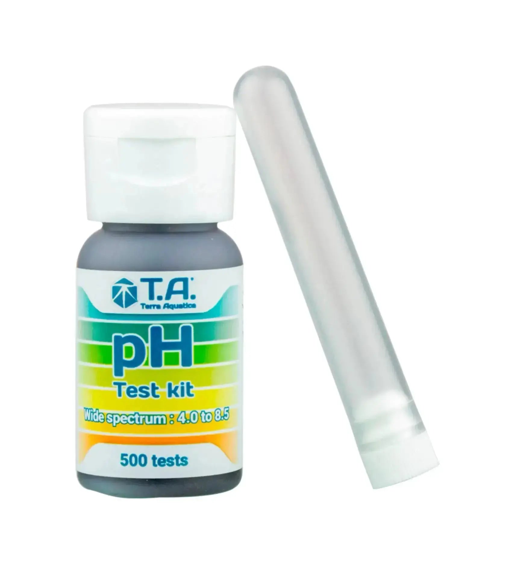 Terra Aquatica Liquid pH Test Kit für präzise Wasseranalyse, zeigt Farbskala und Messbehälter für pH-Wertbestimmung.