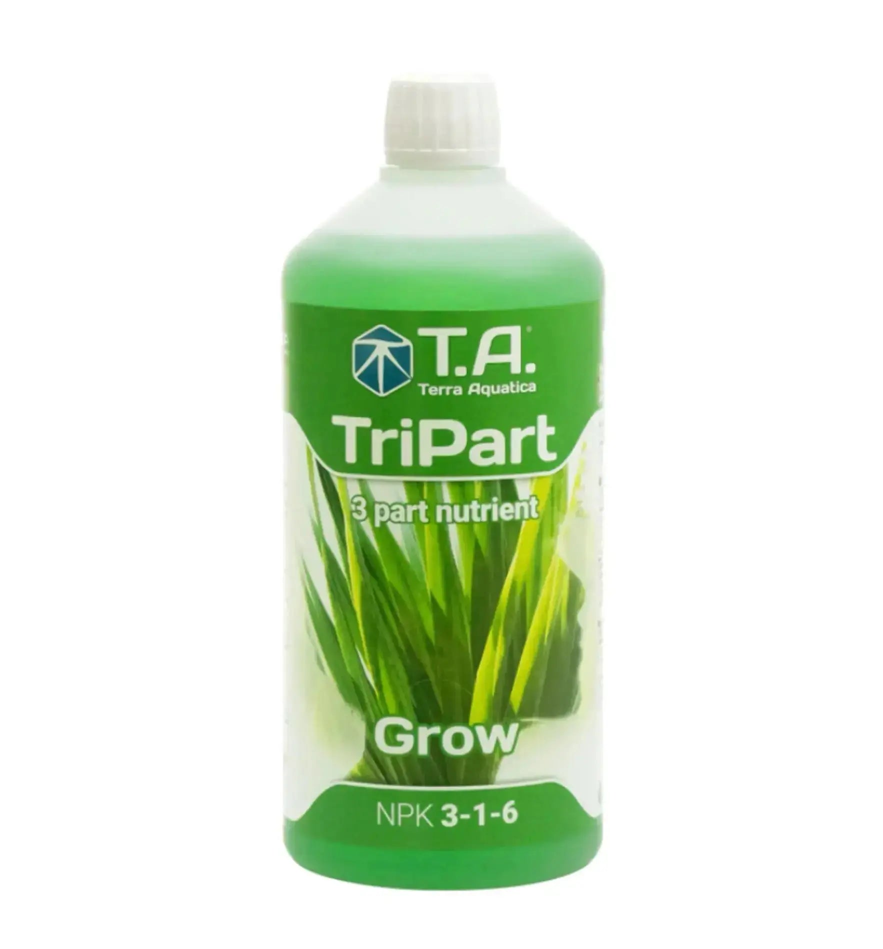 Flasche Terra Aquatica TriPart® Grow Dünger in 500 ml, ideal für Pflanzenwachstum, sichtbar vor weißem Hintergrund