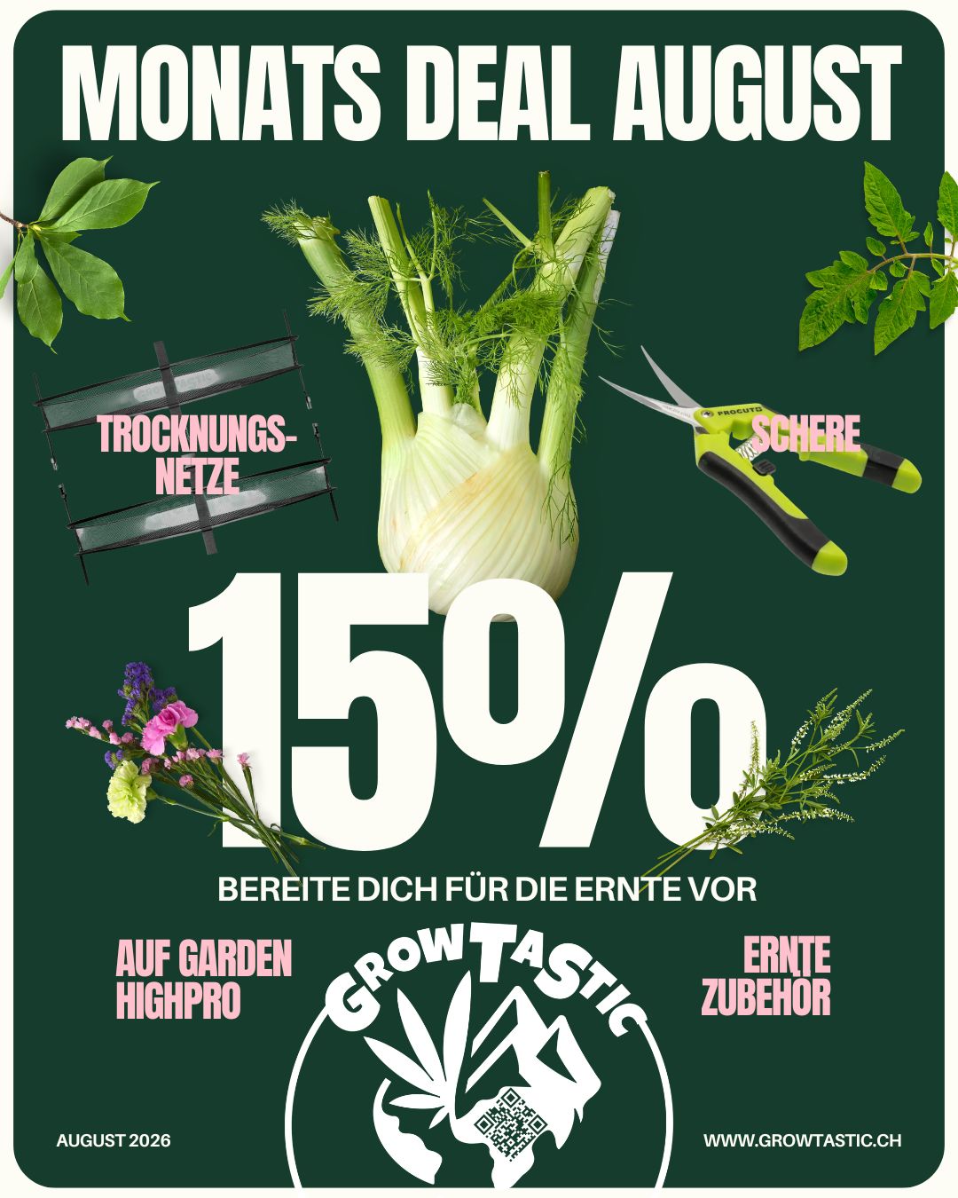 August-Monatsdeal: 15% auf Garden HighPro Trocknungsnetze & Erntescheren