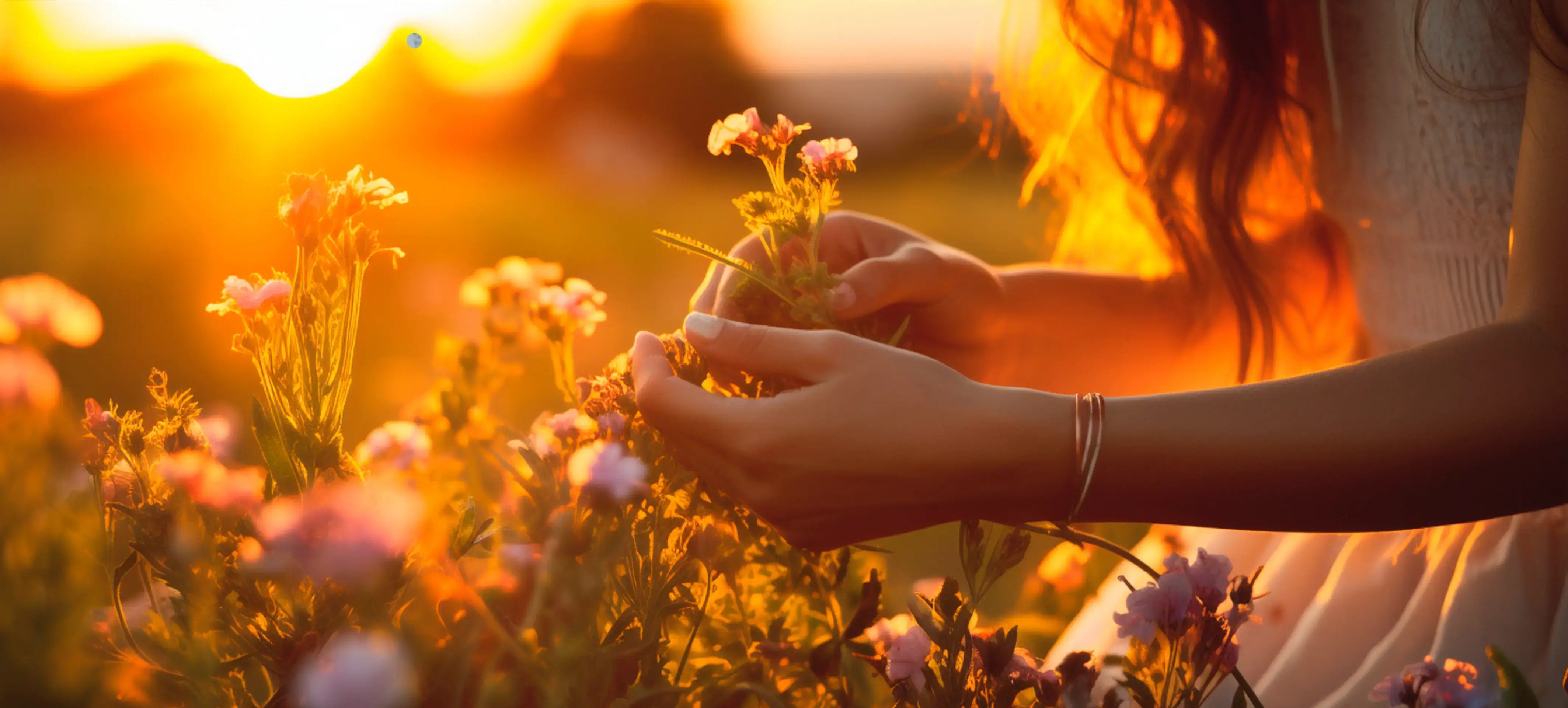 Neuheiten: Person mit blühenden Pflanzen im Sonnenuntergang bei der Ernte von frischen Blumen.