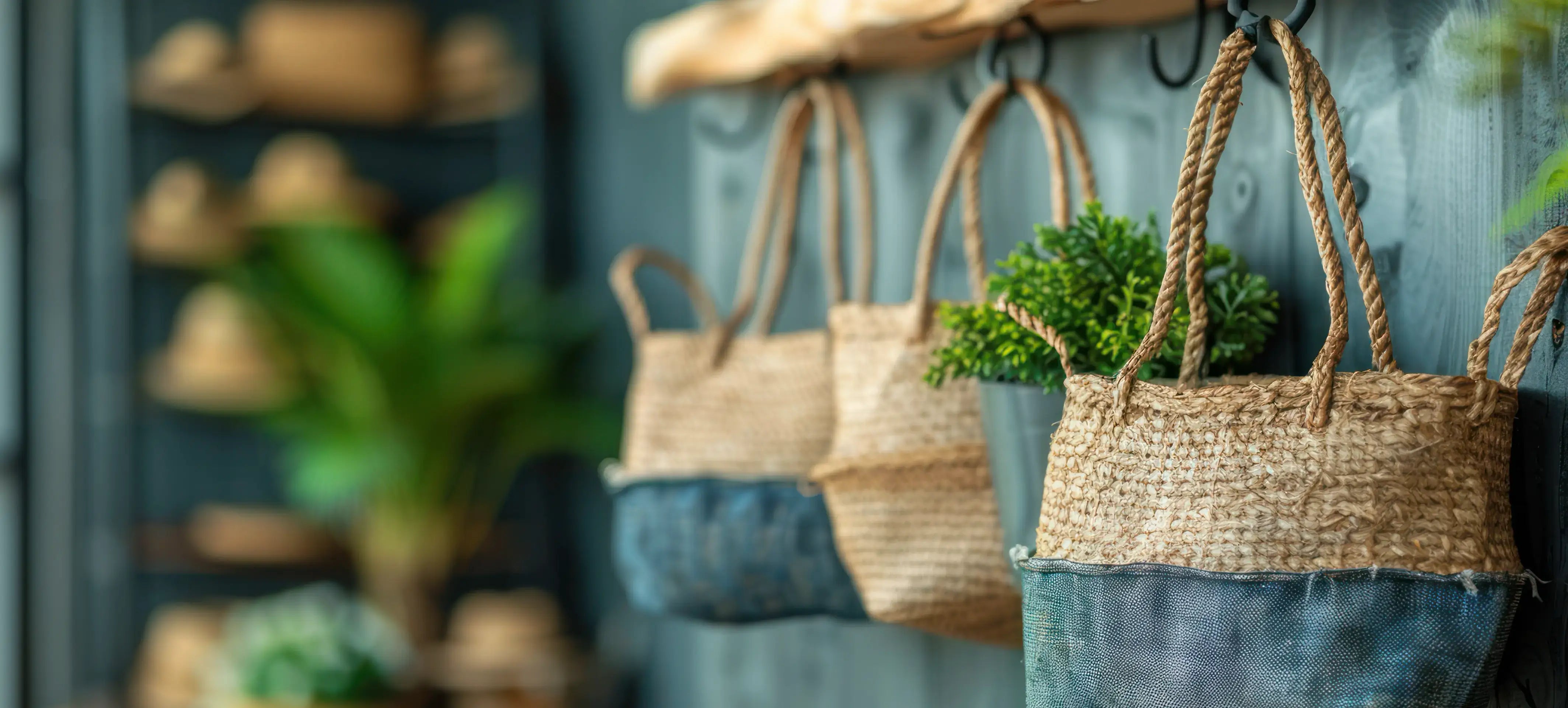 Set Rabatt: Titelbilder der Themenwelten meines Growshops mit dekorativen Korbtaschen.