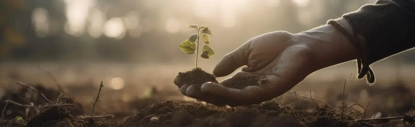 Ein Gärtner pflanzt einen Setzling in Erde, passend für Anbaumedien / Substrate.