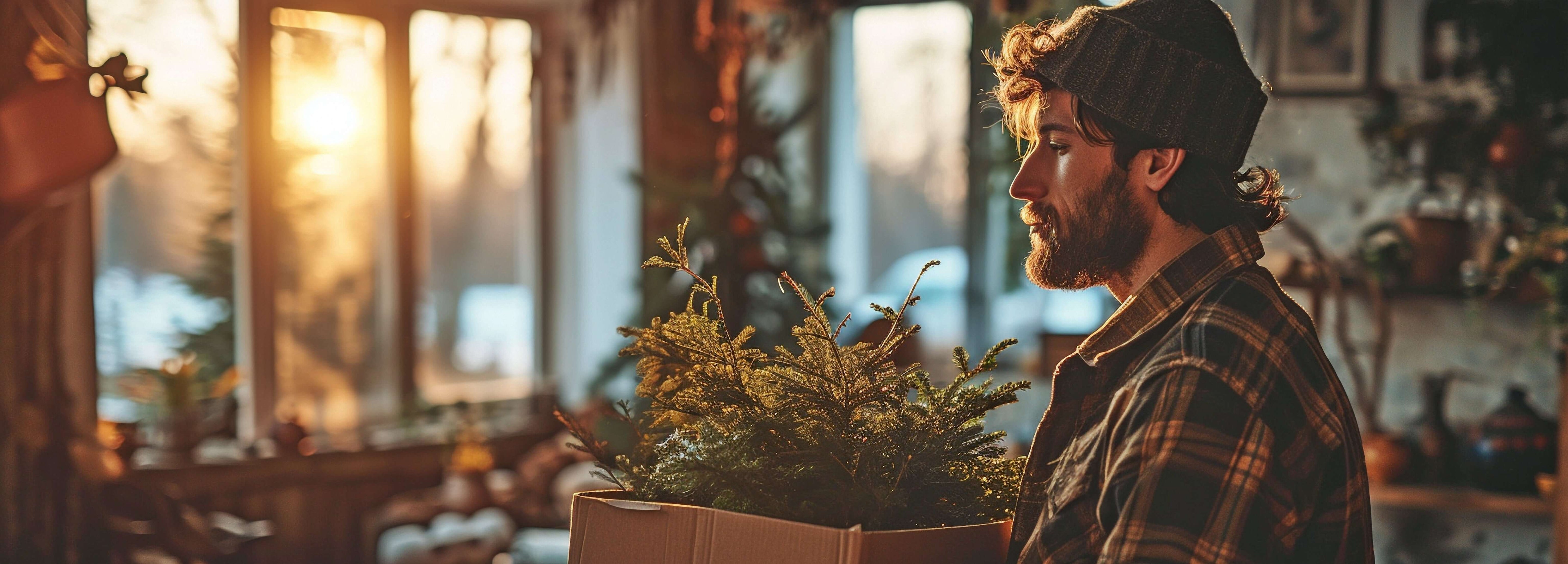 Mann trägt einen Karton mit Weihnachtsbaum, ideal für Gutschein-Inspiration in der festlichen Saison.