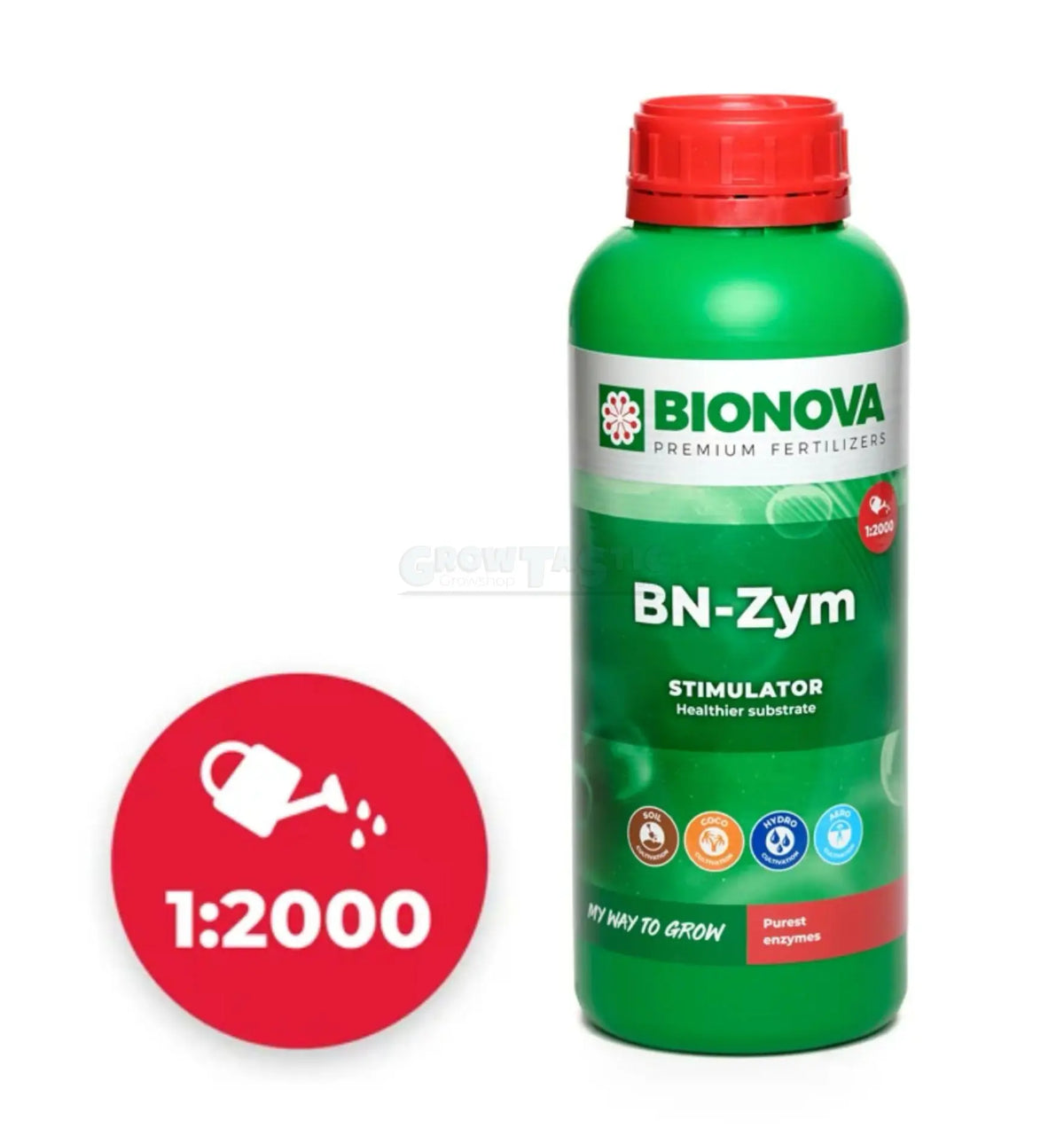 Bionova BN-Zym Dünger in einem 1-Liter Behälter, flüssige Nährstofflösung für Pflanzen, auf weißem Hintergrund.