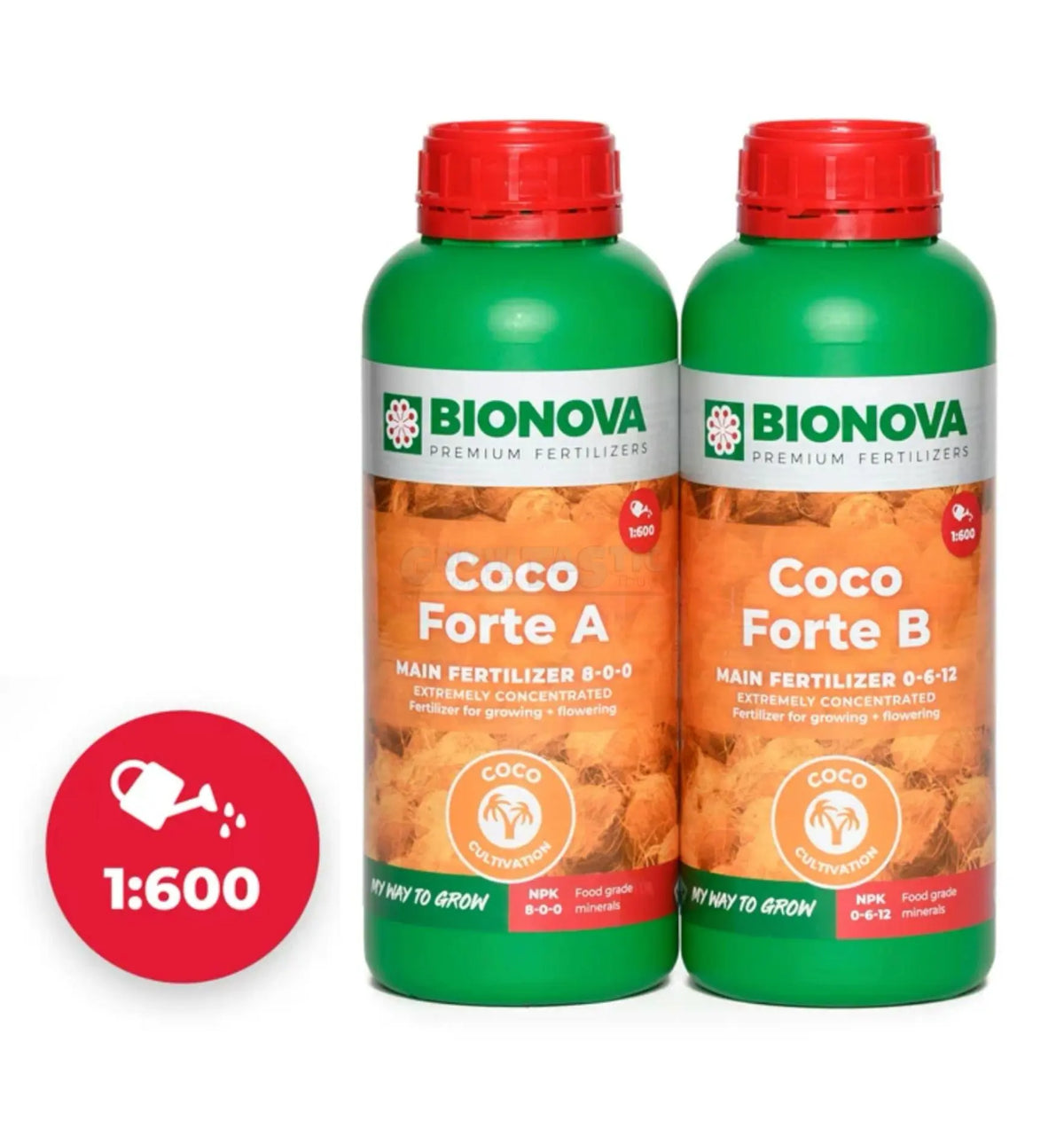 Bionova Coco A+B Dünger in 1-Liter Behälter, natürliche Nährstofflösung für Pflanzenwachstum, auf einem weißen Hintergrund.