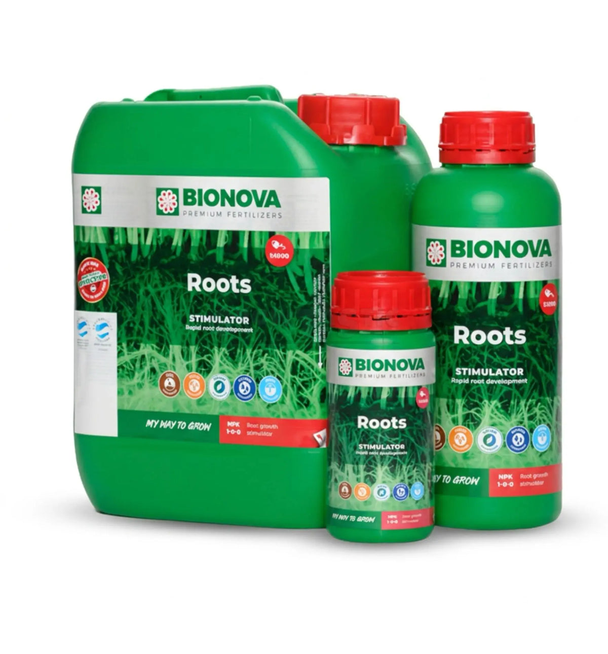Hochkonzentrierter Wurzelstimulator Bionova Roots in 1-Liter Behälter, pflanzenfördernder Dünger für kräftige Wurzeln