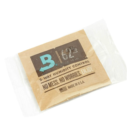 Boveda 62% Humidy Pack zur Regulierung der Luftfeuchtigkeit für optimale Lagerung von Kräutern.