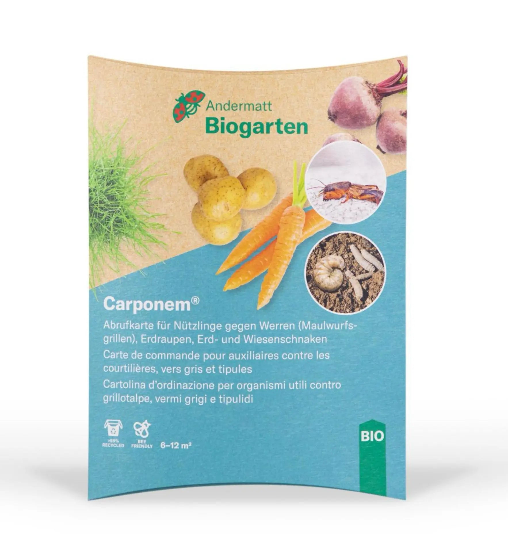 Nützlinge Carponem® Nematoden gegen Werren, Erdraupen und Schnaken, biologischer Schädlingsbekämpfer, in Anwendung auf Gartenboden