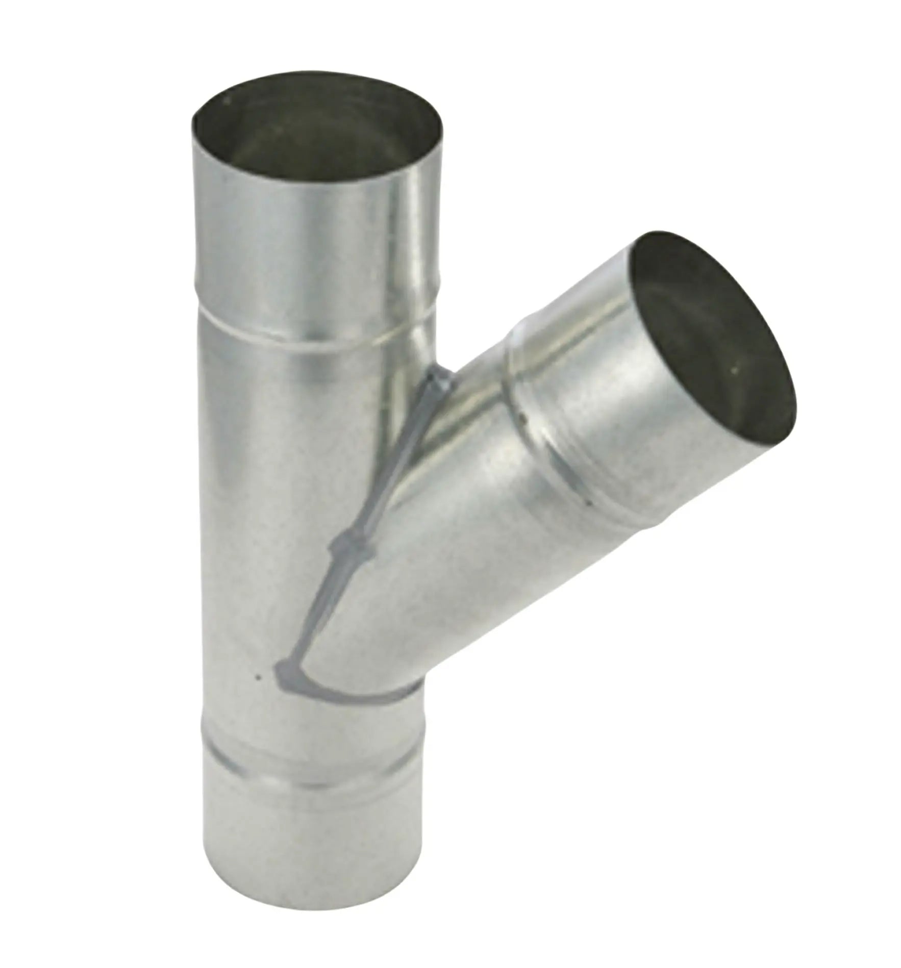 VBR Lüftungsrohr Y-Verteiler 45° aus Metall, für flexible Ventilationssysteme, zeigt den Y-Verteiler mit 45-Grad-Biegung