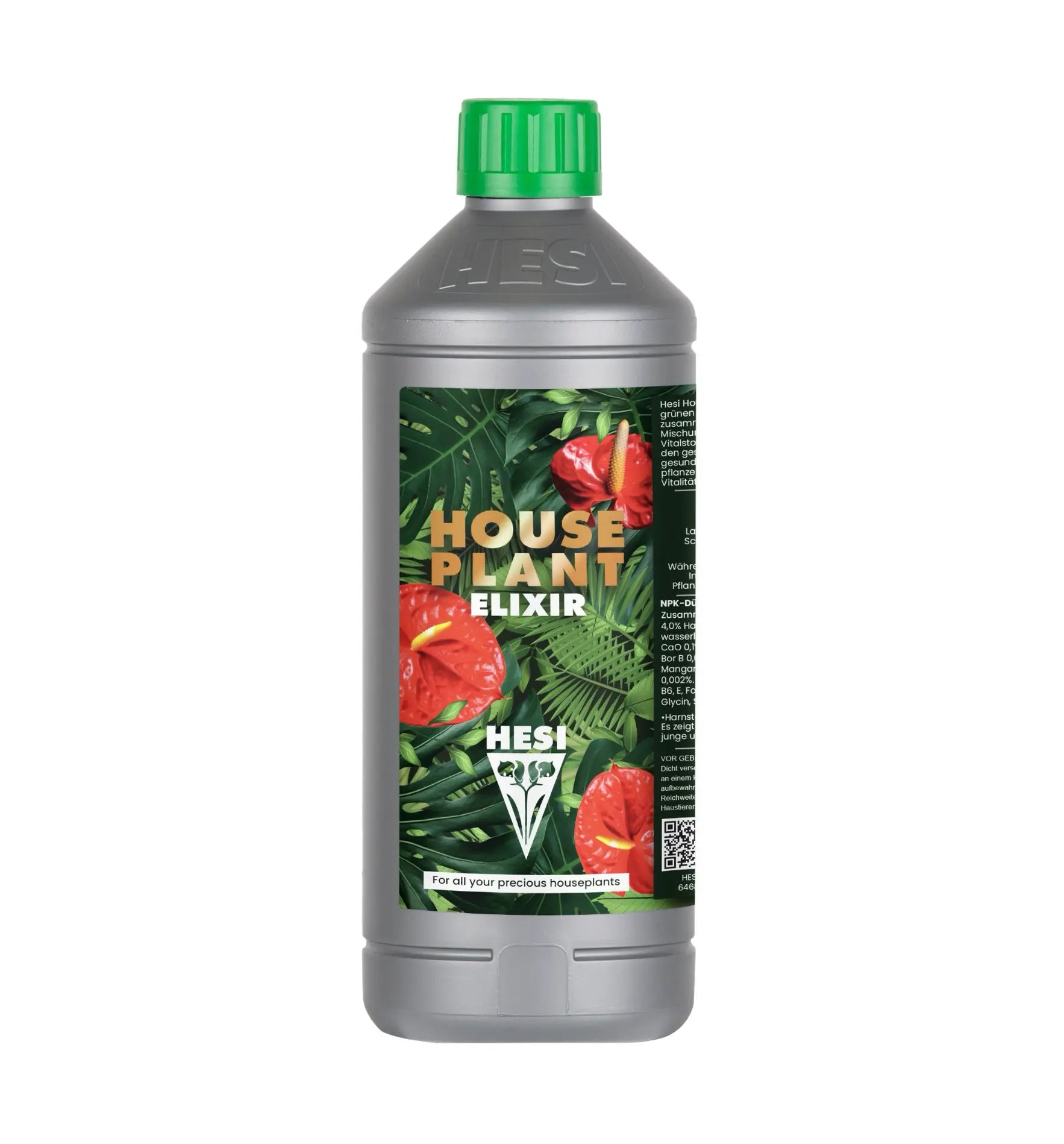 Hesi House Plant Ellixir Dünger in Flasche, für Zimmerpflanzen, zeigt die Verpackung und einen Gießkanne in der Hand.