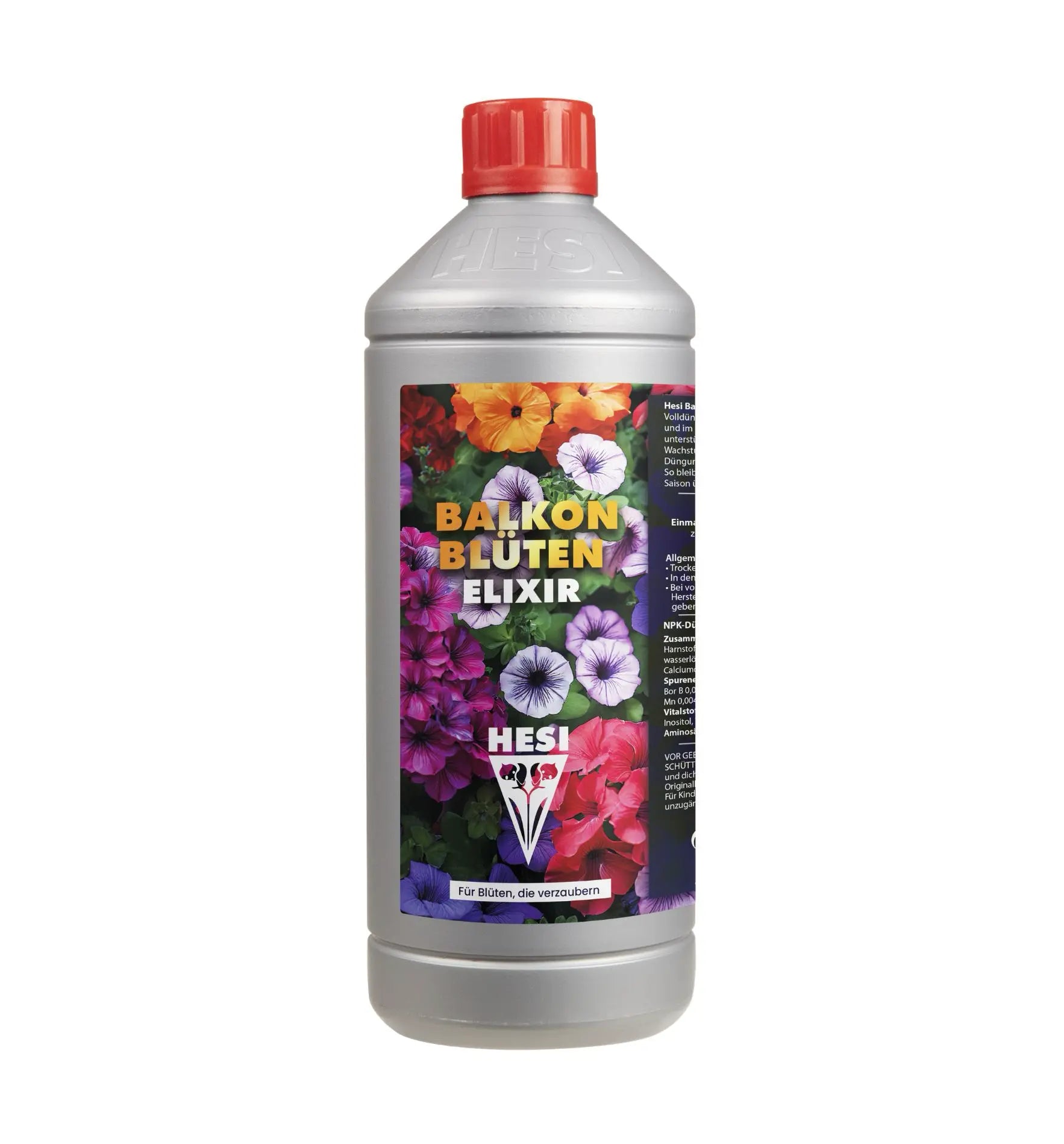 Hesi Balkon Blüten Ellixir Düngerflasche für gesunde Blüten und Pflanzen auf dem Balkon, mit grünem Etikett und Dosierhilfe.