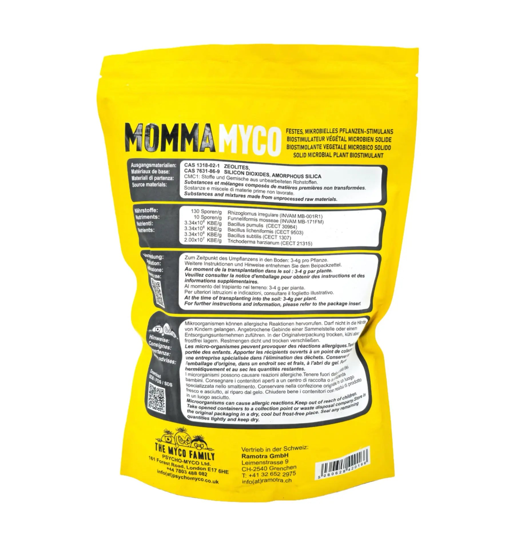 Granulärer Mykorrhiza-Dünger von The Myco Family, fördert kräftiges Pflanzenwachstum, sichtbare Körner und Verpackung auf dem Bild