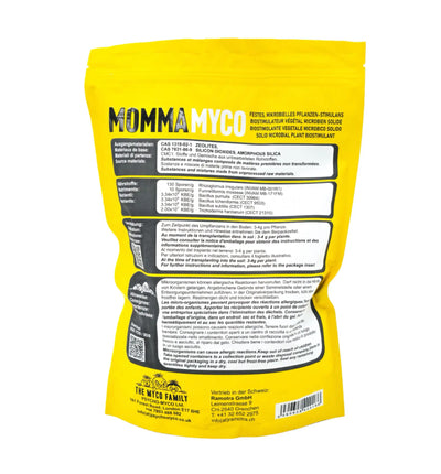 Granulärer Mykorrhiza-Dünger von The Myco Family, fördert kräftiges Pflanzenwachstum, sichtbare Körner und Verpackung auf dem Bild