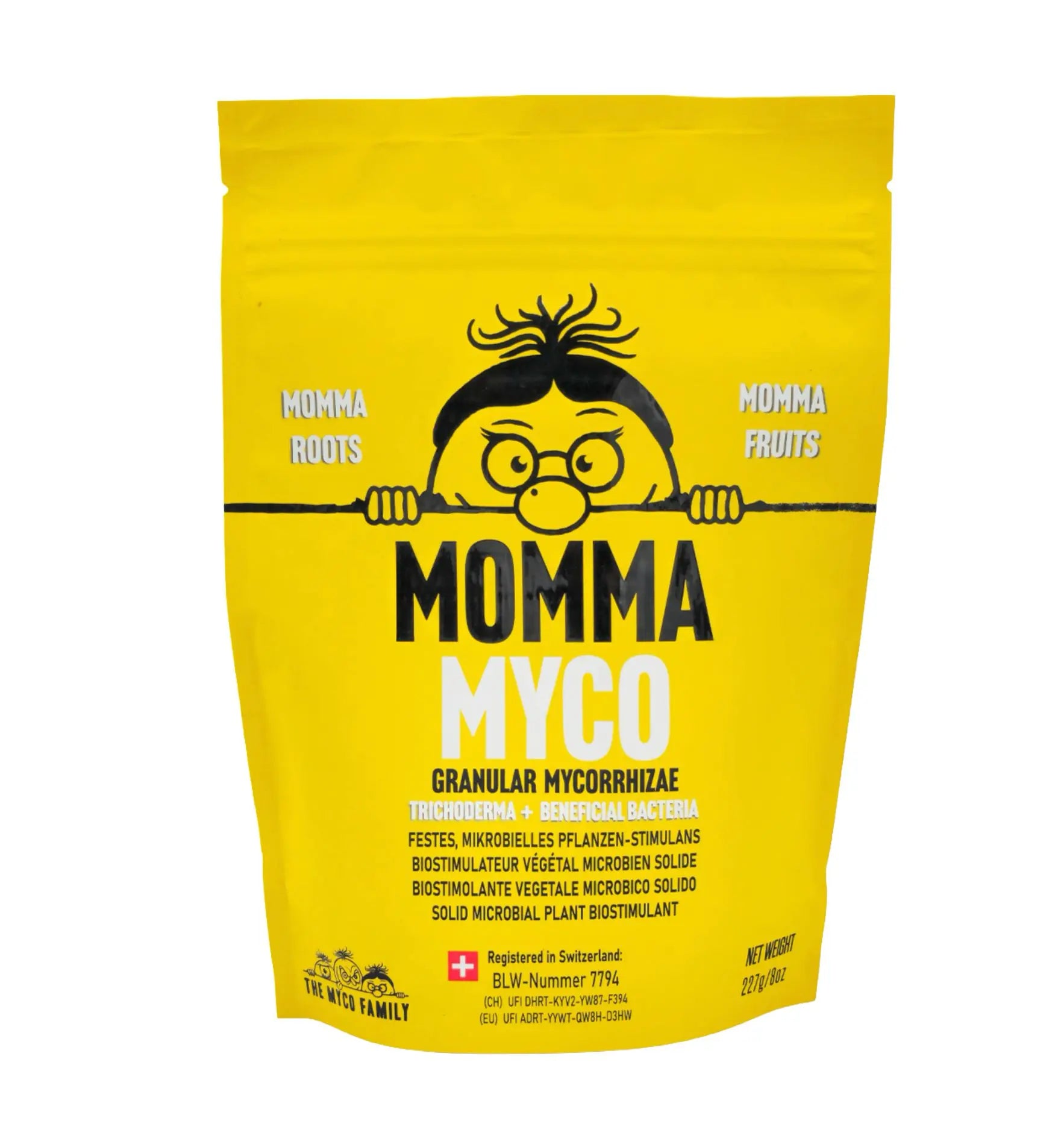 Granulärer Mykorrhiza-Dünger von The Myco Family Momma Myco zur Bodenverbesserung und Pflanzenstärkung, in der Verpackung sichtbar