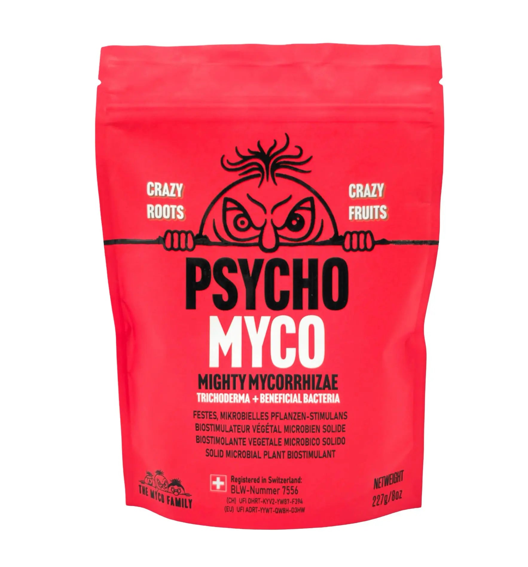 Dünger von The Myco Family, Psycho Myco, mit Mykorrhiza und Mikroben, fördert das Pflanzenwachstum, auf einem weißen Hintergrund.