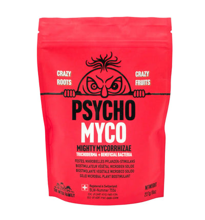 Dünger von The Myco Family, Psycho Myco, mit Mykorrhiza und Mikroben, fördert das Pflanzenwachstum, auf einem weißen Hintergrund.