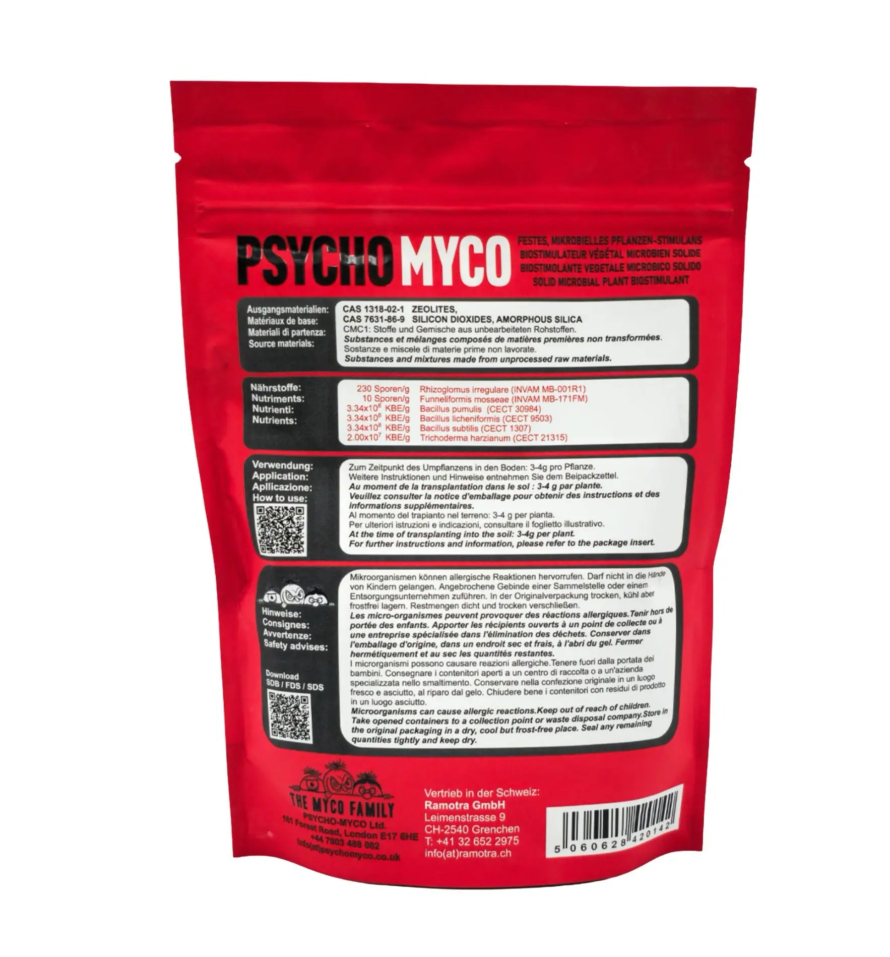 Dünger von The Myco Family mit Mykorrhiza und Mikroben, zeigt die Verpackung mit frischen Pflanzen im Hintergrund.