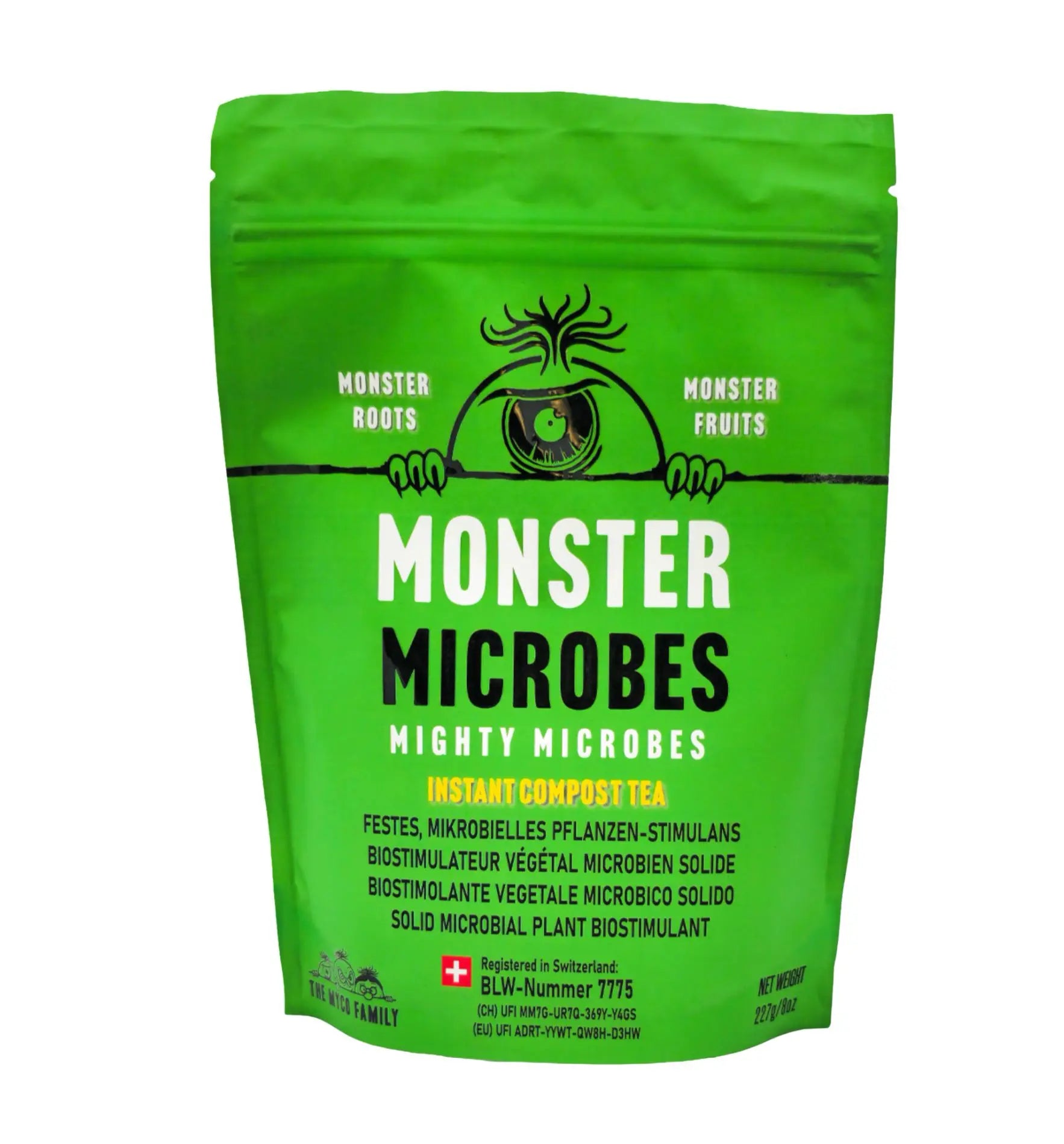 Mikrobieller Pflanzenstimulator von The Myco Family, biologischer Dünger, zeigt Flasche mit grünen Pflanzen auf weißem Hintergrund