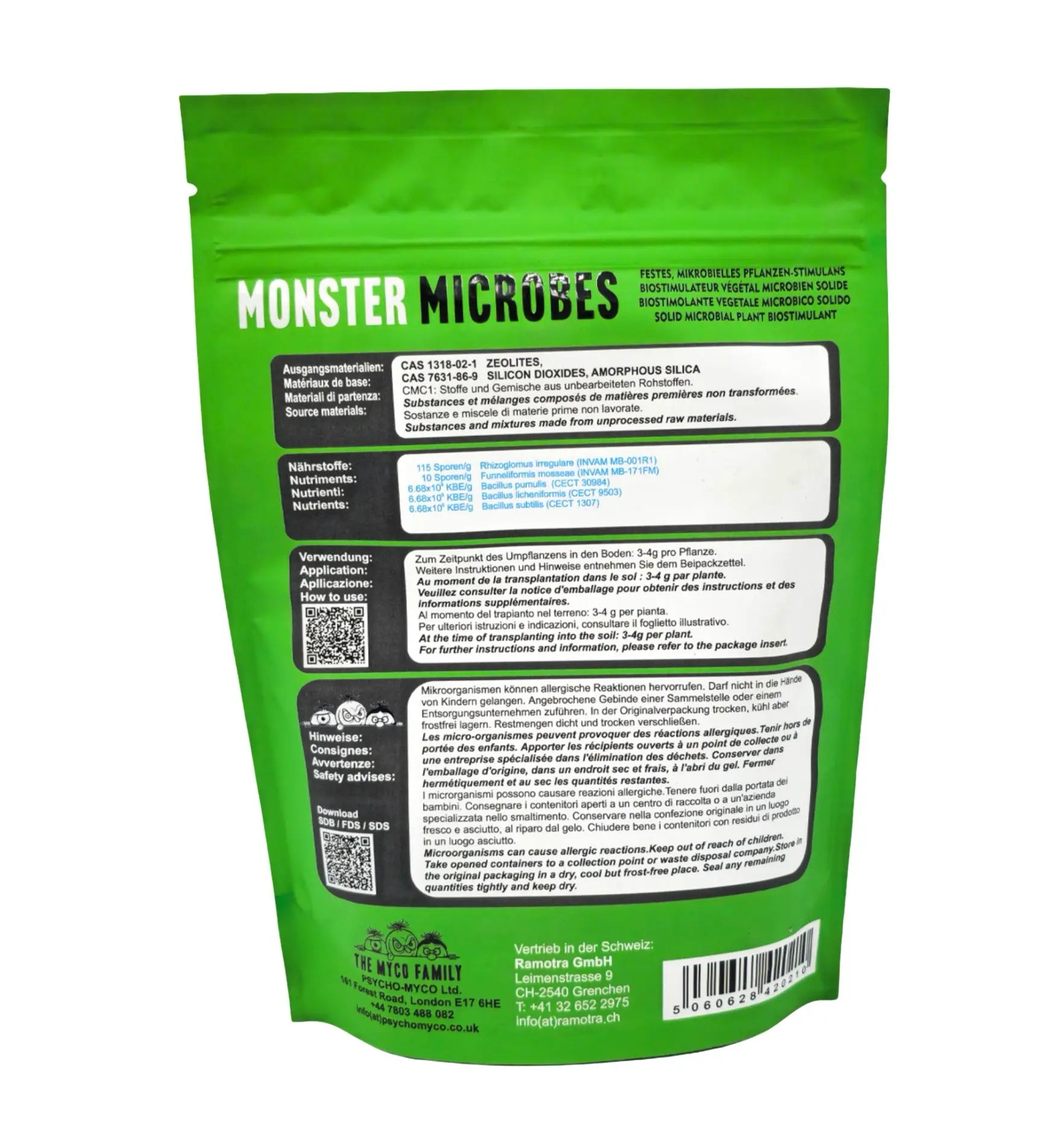 Mikrobieller Pflanzenstimulator von The Myco Family, Monster Microbes Dünger, in einer Flasche auf weißem Hintergrund.