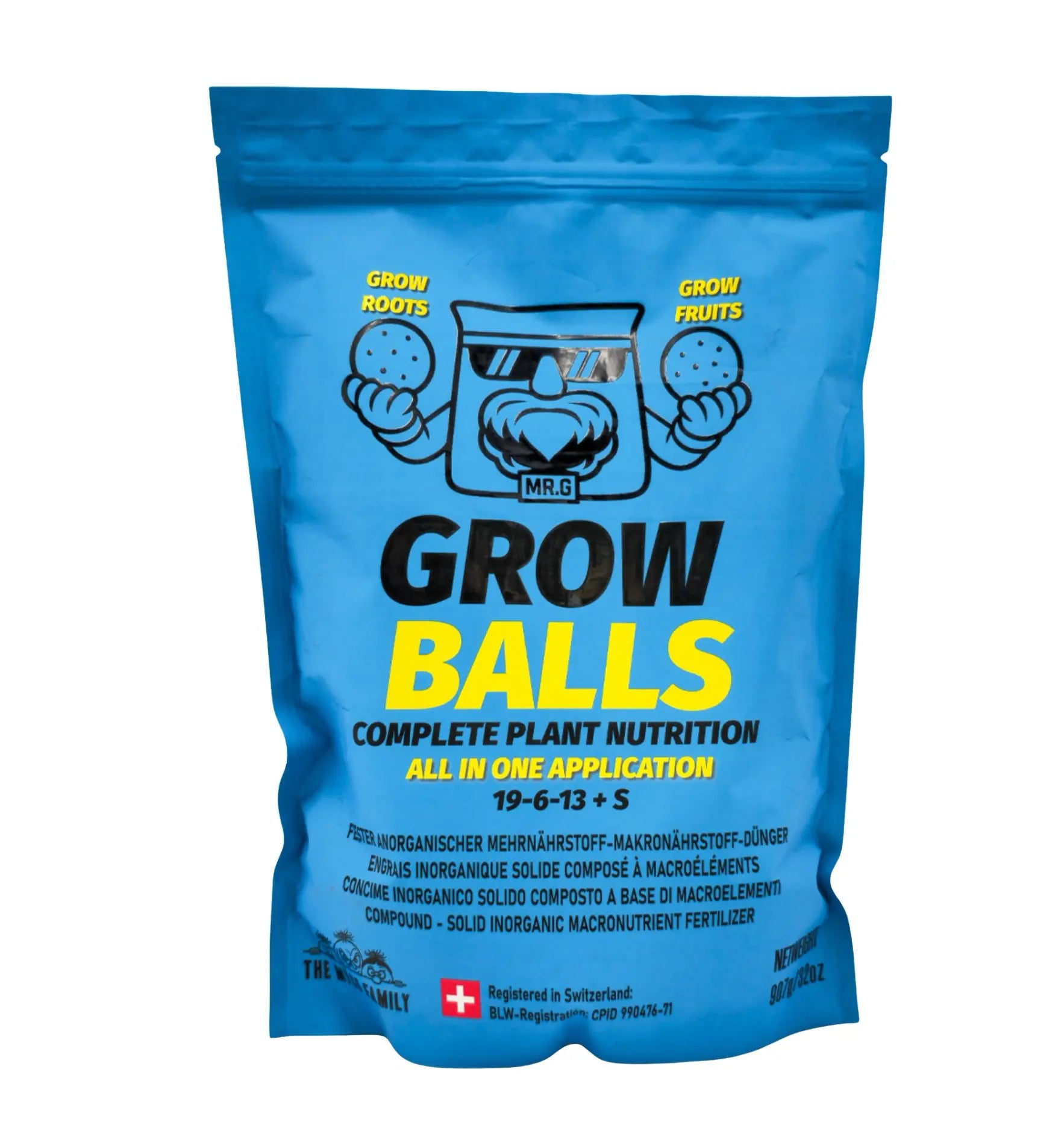 All-in-One Pflanzennahrung von The Myco Family, Grow Balls, organischer Dünger für gesundes Pflanzenwachstum, visuelles Bild der Verpackung