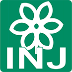 Logo des Growshops INJ mit einer stilisierten Blume auf grünem Hintergrund.