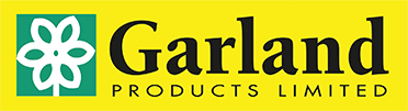 Logo von Garland Products Limited auf gelbem Hintergrund mit floralem Symbol.
