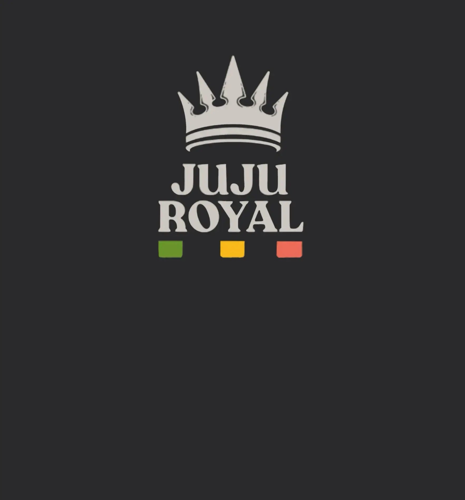 Logo von JuJu Royal mit Krone und den Farben Grün, Gelb, Rot auf schwarzem Hintergrund.