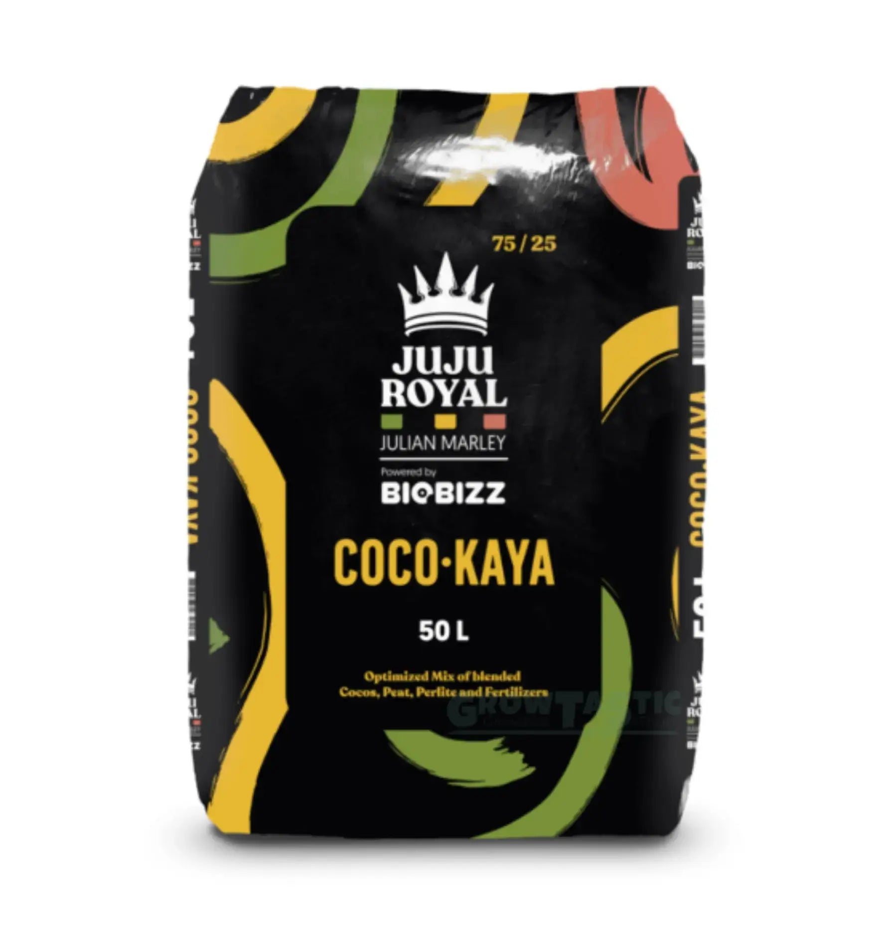 Verpackung von JUJU ROYAL COCO-KAYA, 50L, optimierte Mischung aus Kokos und anderen Substanzen für Growshops.