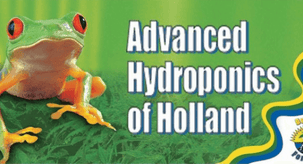 Frosch auf grünem Hintergrund mit Text "Advanced Hydroponics of Holland", ideal für Hydroponik-Interesse.