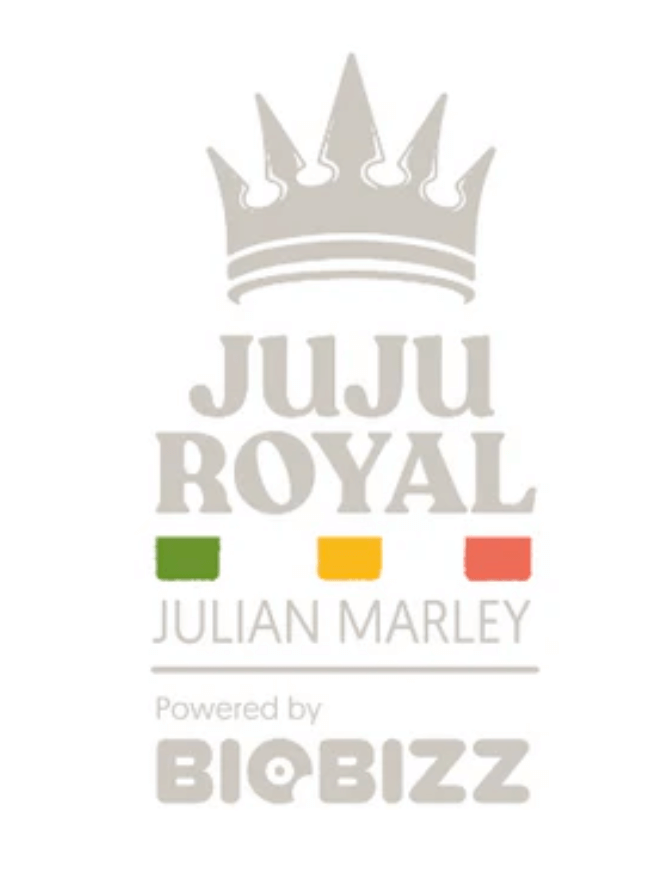 Logo von JUJU ROYAL, Julian Marley, powered by BioBizz, in stilvollem Design und gesunden Farben.