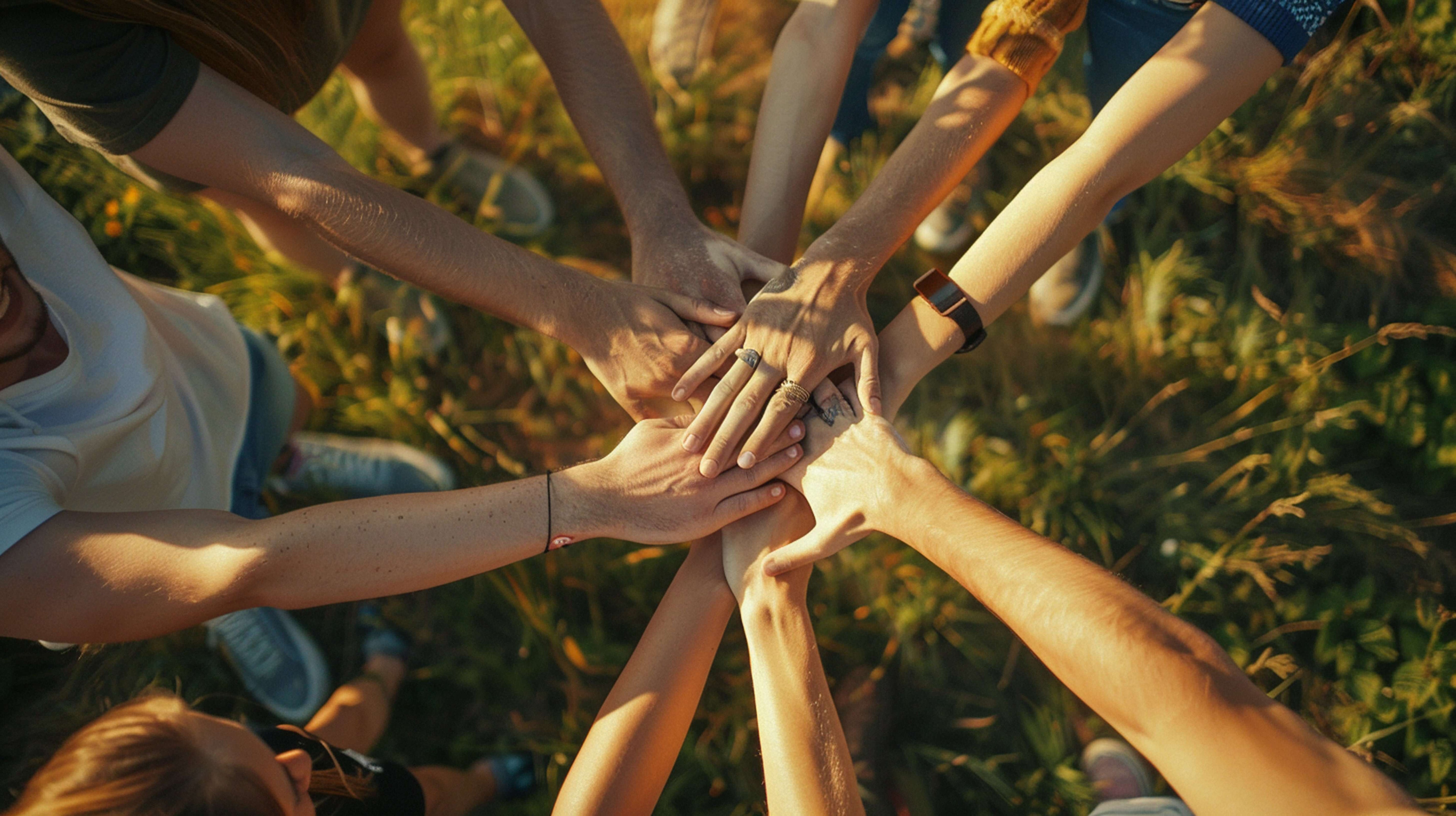 Hände von mehreren Personen, die sich in einem Kreis vereinigen, symbolisieren Zusammenarbeit und Gemeinschaft in der Natur.