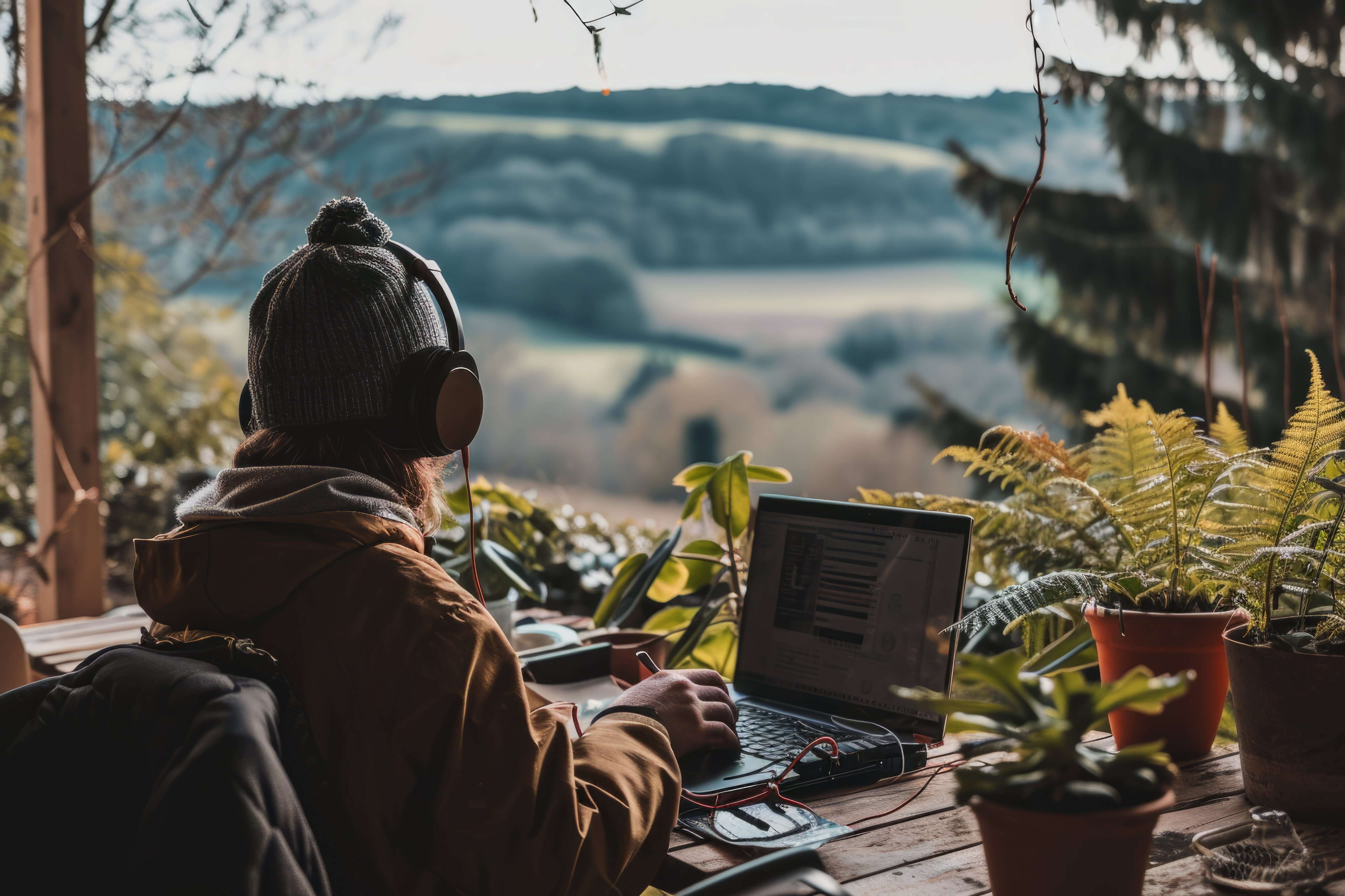 Person mit Kopfhörern arbeitet am Laptop im Freien, umgeben von Pflanzen und Aussicht auf die Landschaft.