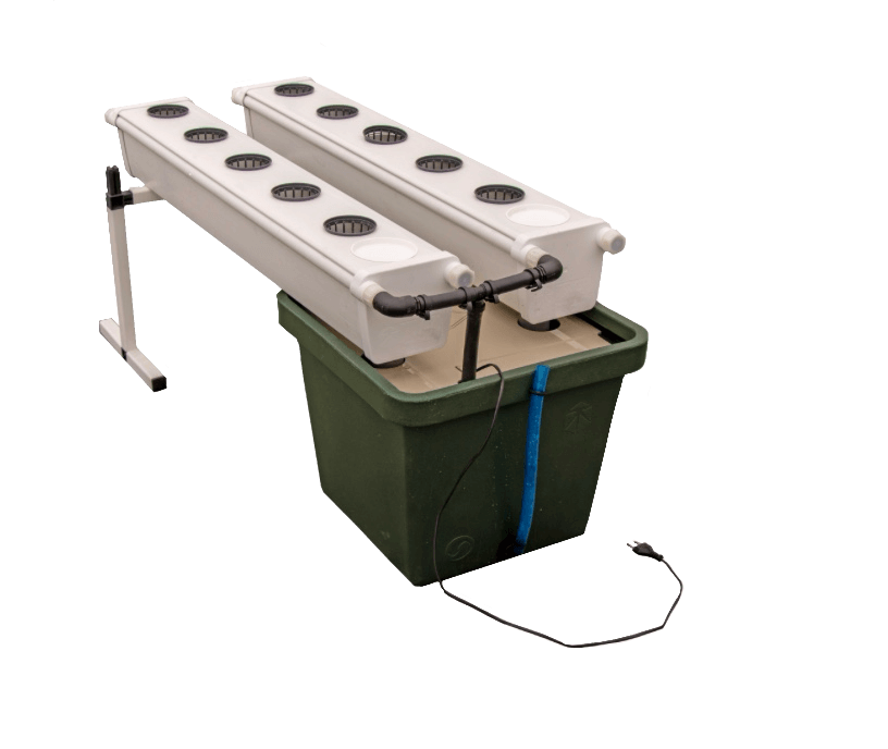 Hydroponisches Anbausystem mit Pflanzwannen und Behälter für Growshop-Daten und Logos.