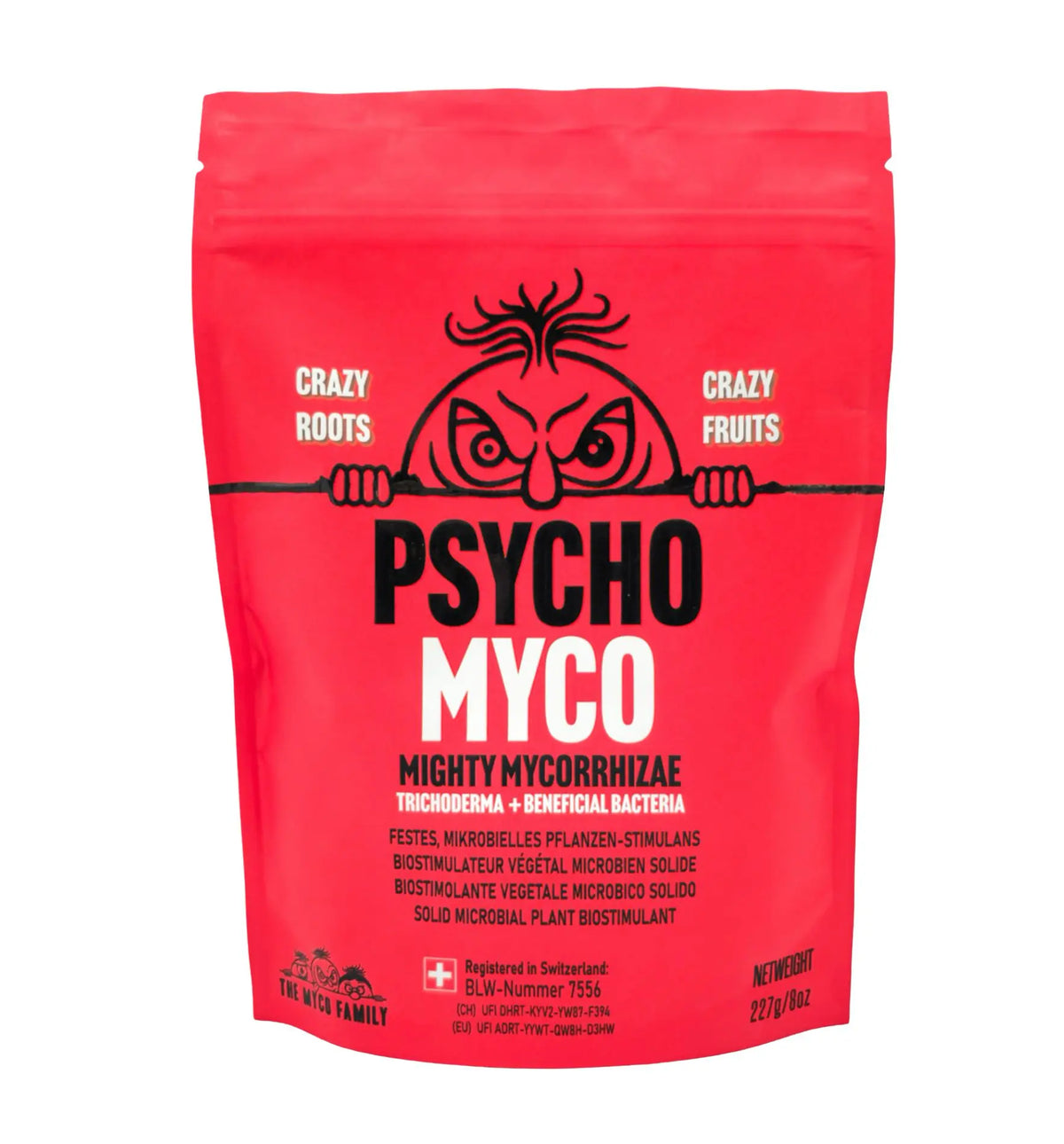Dünger von The Myco Family, Psycho Myco, mit Mykorrhiza und Mikroben, fördert das Pflanzenwachstum, auf einem weißen Hintergrund.