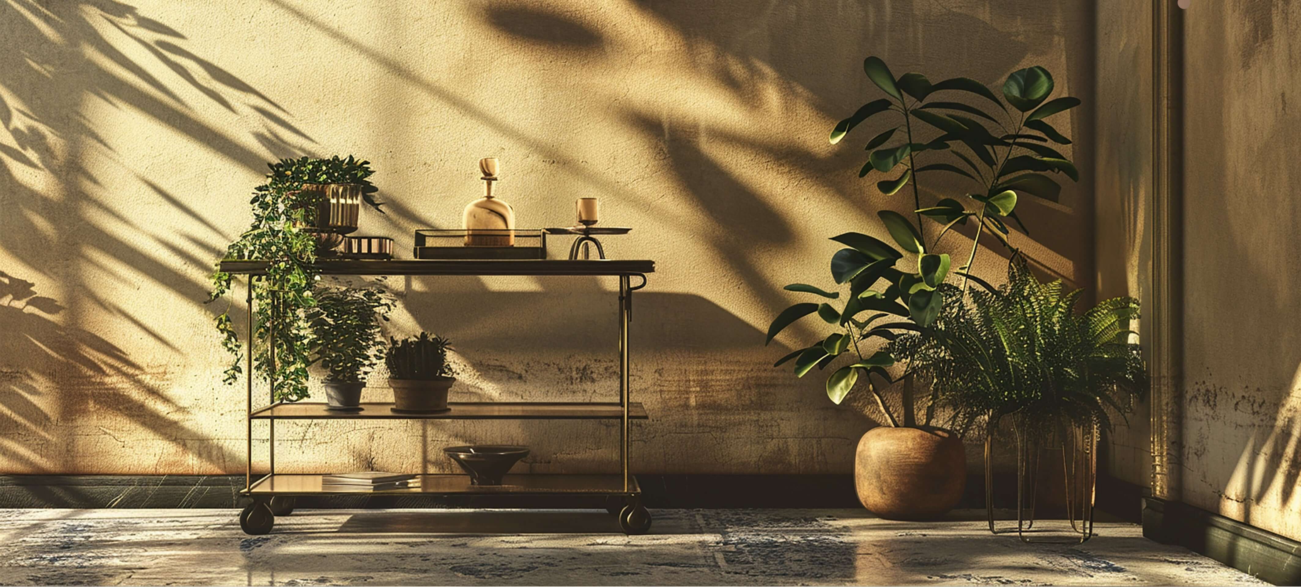 Eleganter Tisch mit Pflanzen und Dekoration in einem hellen Raum mit weichen Schatten.